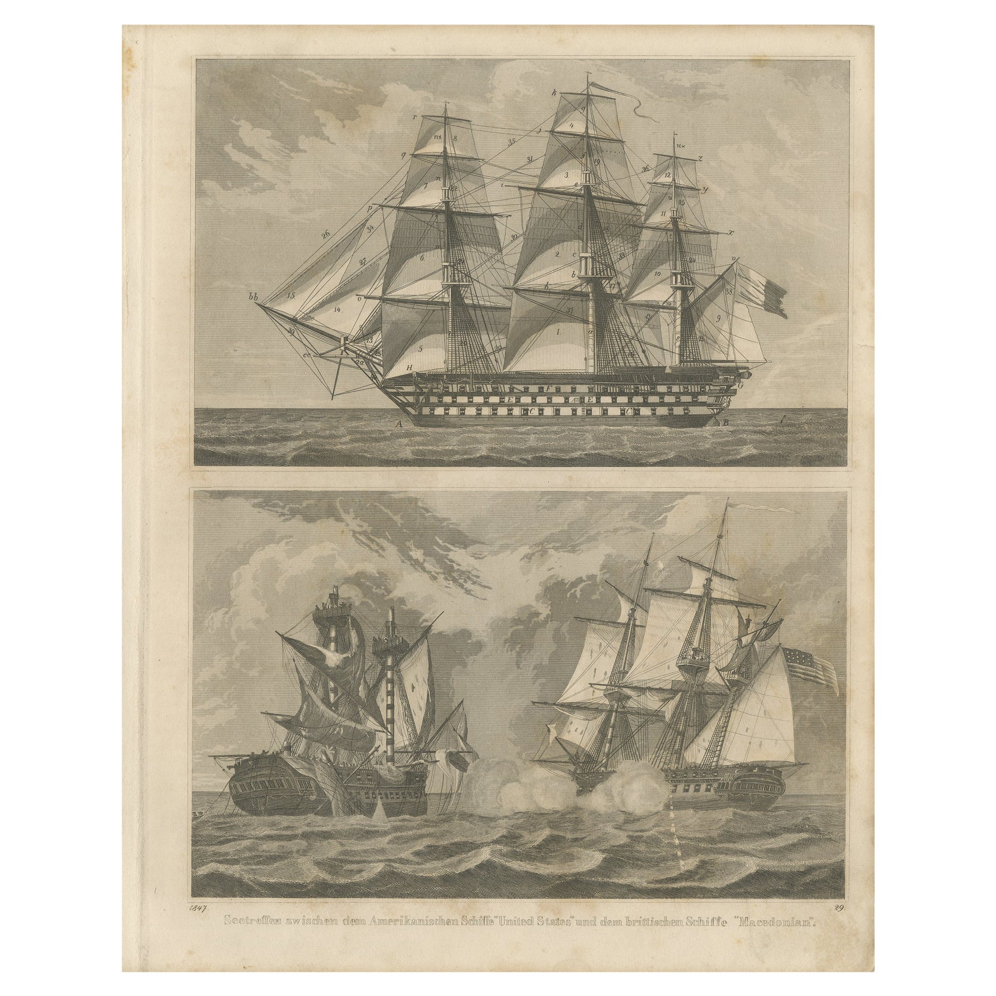 Impression ancienne de bataille navale entre un navire américain et un navire britannique, 1847