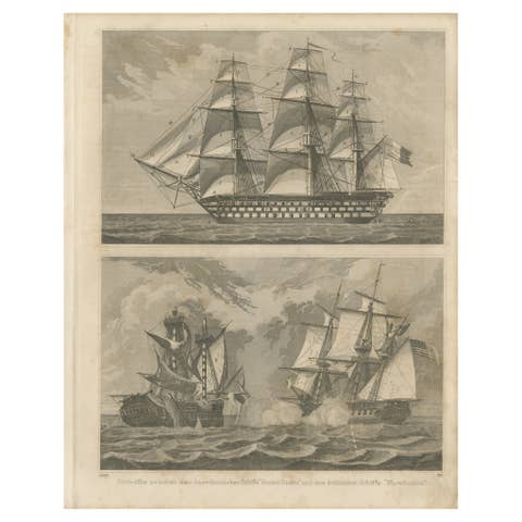 Antique Sea Battle Print Between an American and a British Ship, 1847