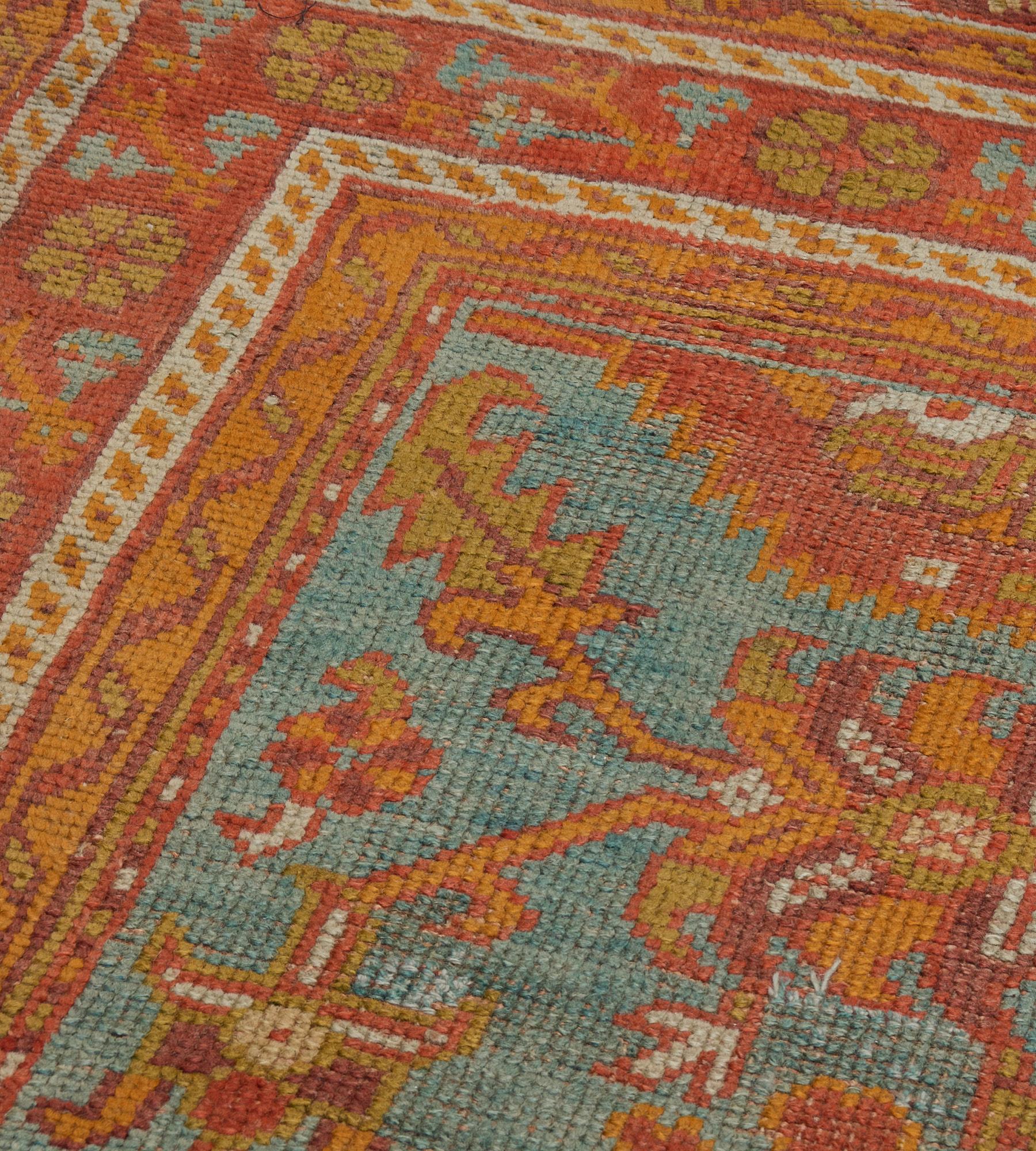 Antique Sea-Blue and Tomato-Red Wool Oushak Rug For Sale 5