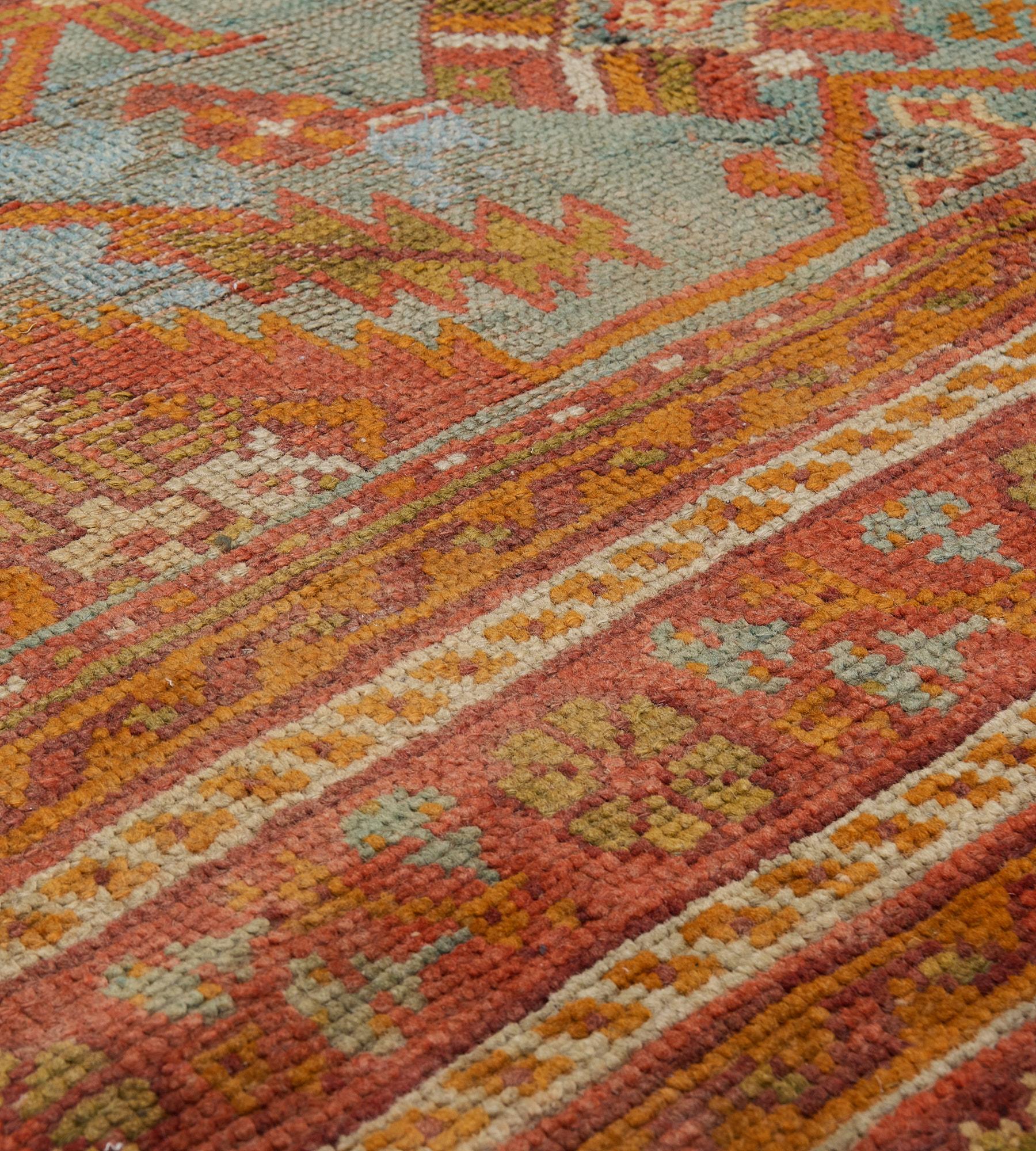 Antique Sea-Blue and Tomato-Red Wool Oushak Rug In Good Condition For Sale In West Hollywood, CA