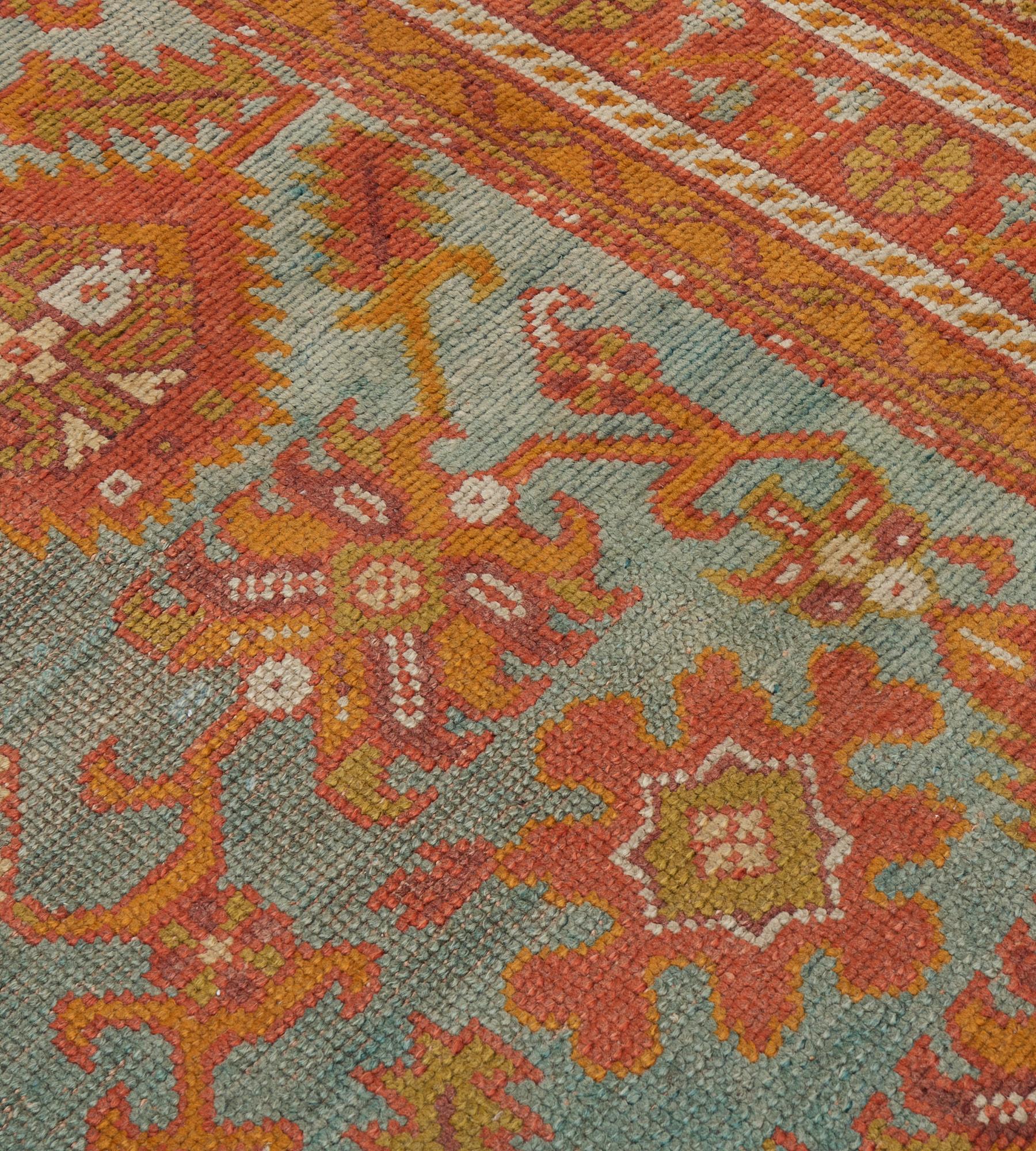 Antique Sea-Blue and Tomato-Red Wool Oushak Rug For Sale 2