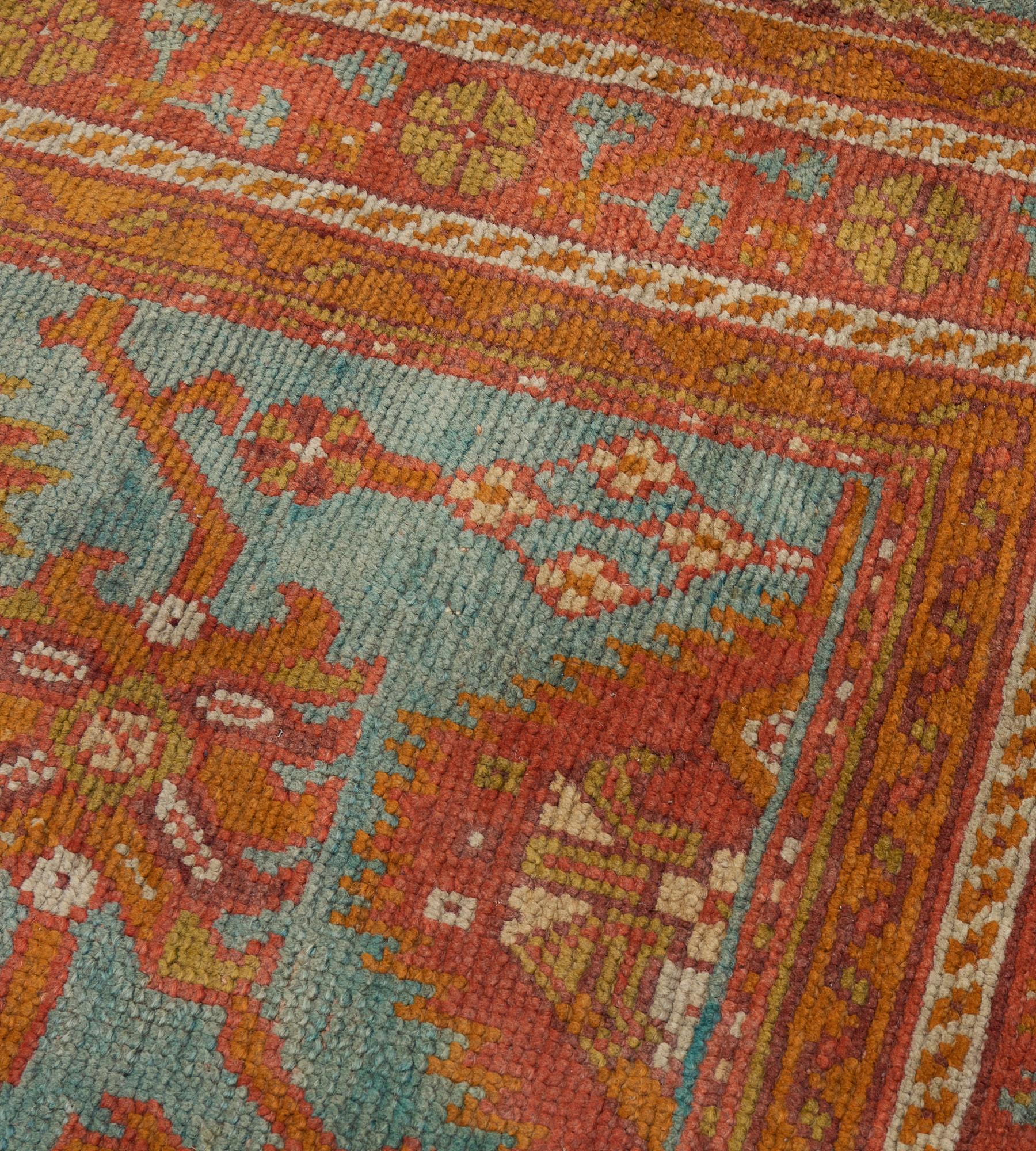 Antique Sea-Blue and Tomato-Red Wool Oushak Rug For Sale 3