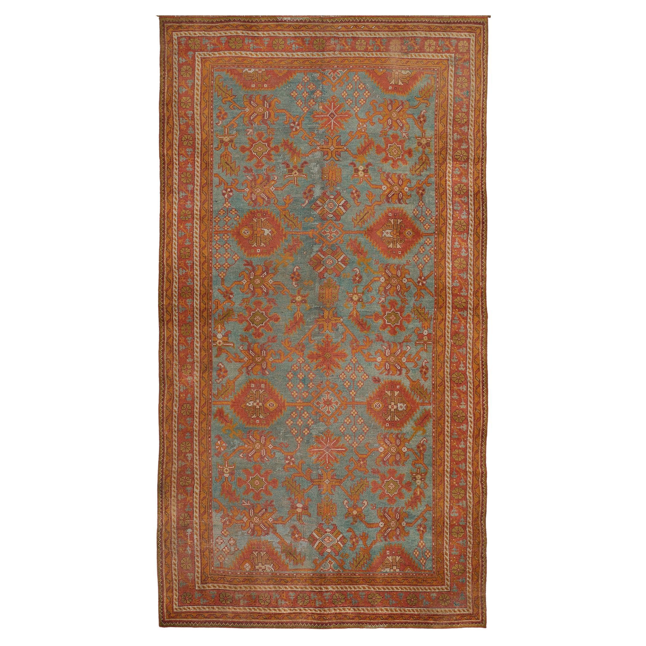 Antique Sea-Blue and Tomato-Red Wool Oushak Rug For Sale