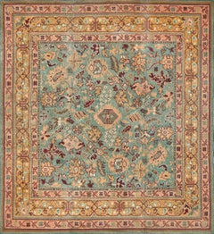 Antique Sea-Blue, Sandy-Yellow, and Shaded-Terracotta Wool European Irish Rug