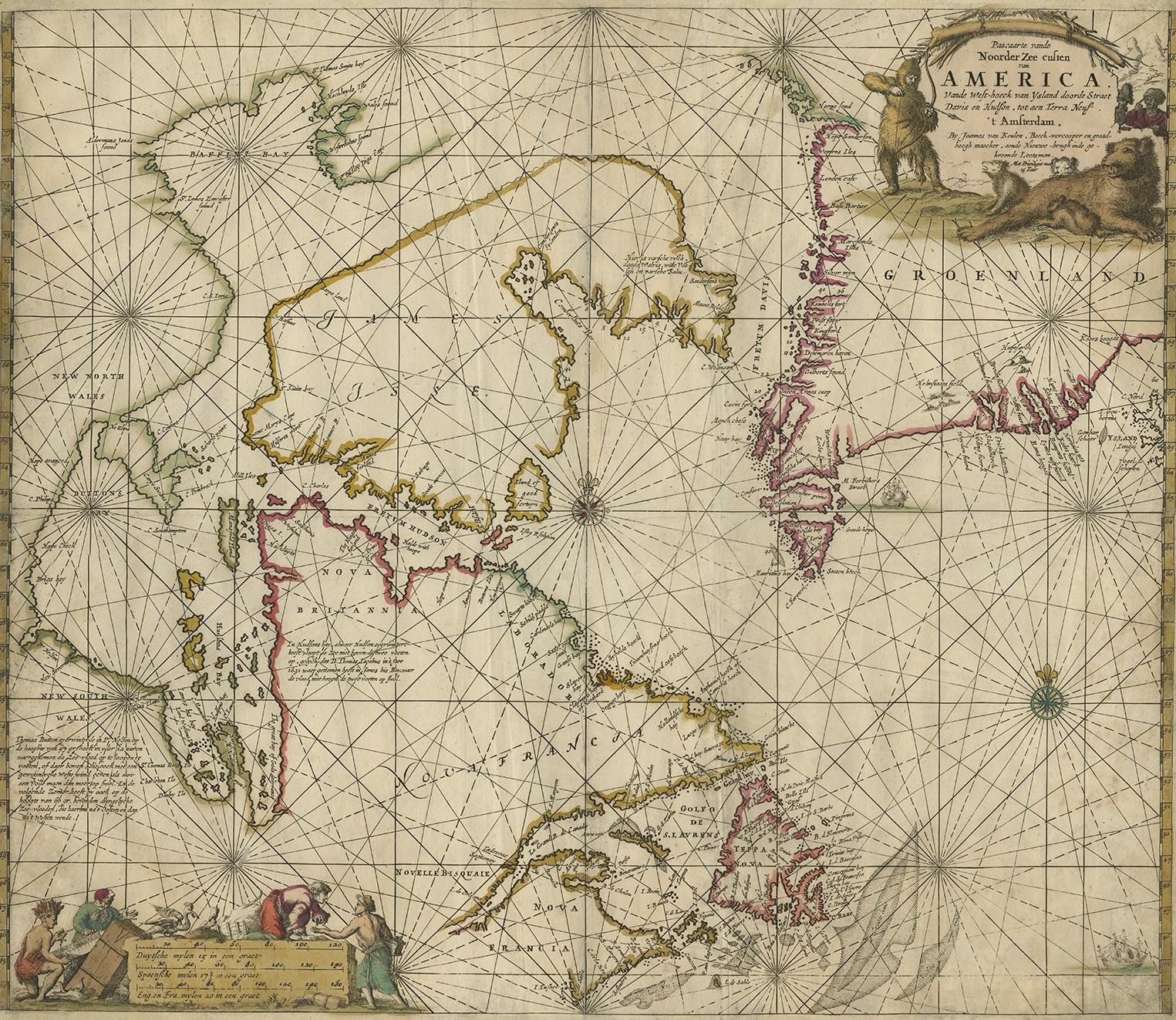 Antique map titled 'Pascaarte vande Noorderzee Custen van America (..)'. Sea chart of Hudson Bay and Arctic Canada. Compass roses, loxodromic lines, and ships decorate the oceans and both the title and distance scale are embellished with scene of