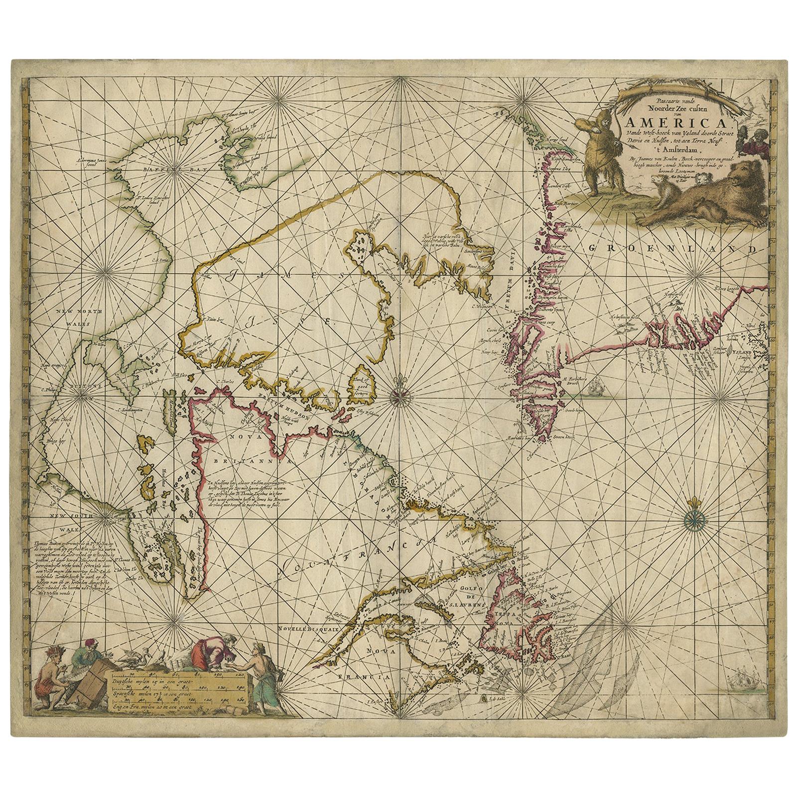 Carte marine ancienne de la baie d'Hudson et du Canada arctique par Van Keulen, vers 1681