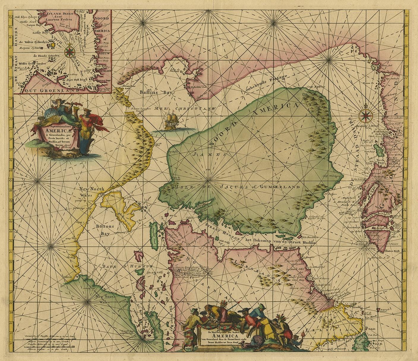 Antique map titled 'Septemtrionaliora Americae a Groenlandia (..)'. Sea chart of the northern waters of North America, including the coast of Labrador and part of New Foundland, the west coast of Greenland, Davis Strait, via a non-existent passage