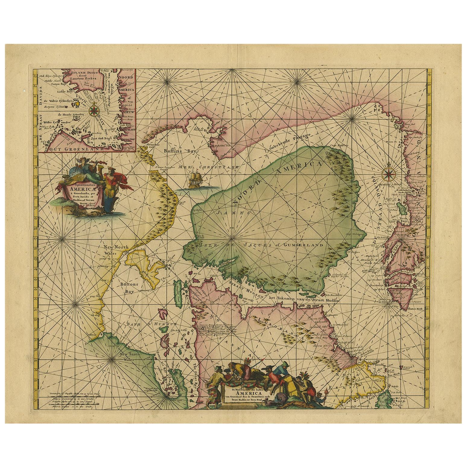 Antike Seekarte Nordamerikas von Ottens, um 1745