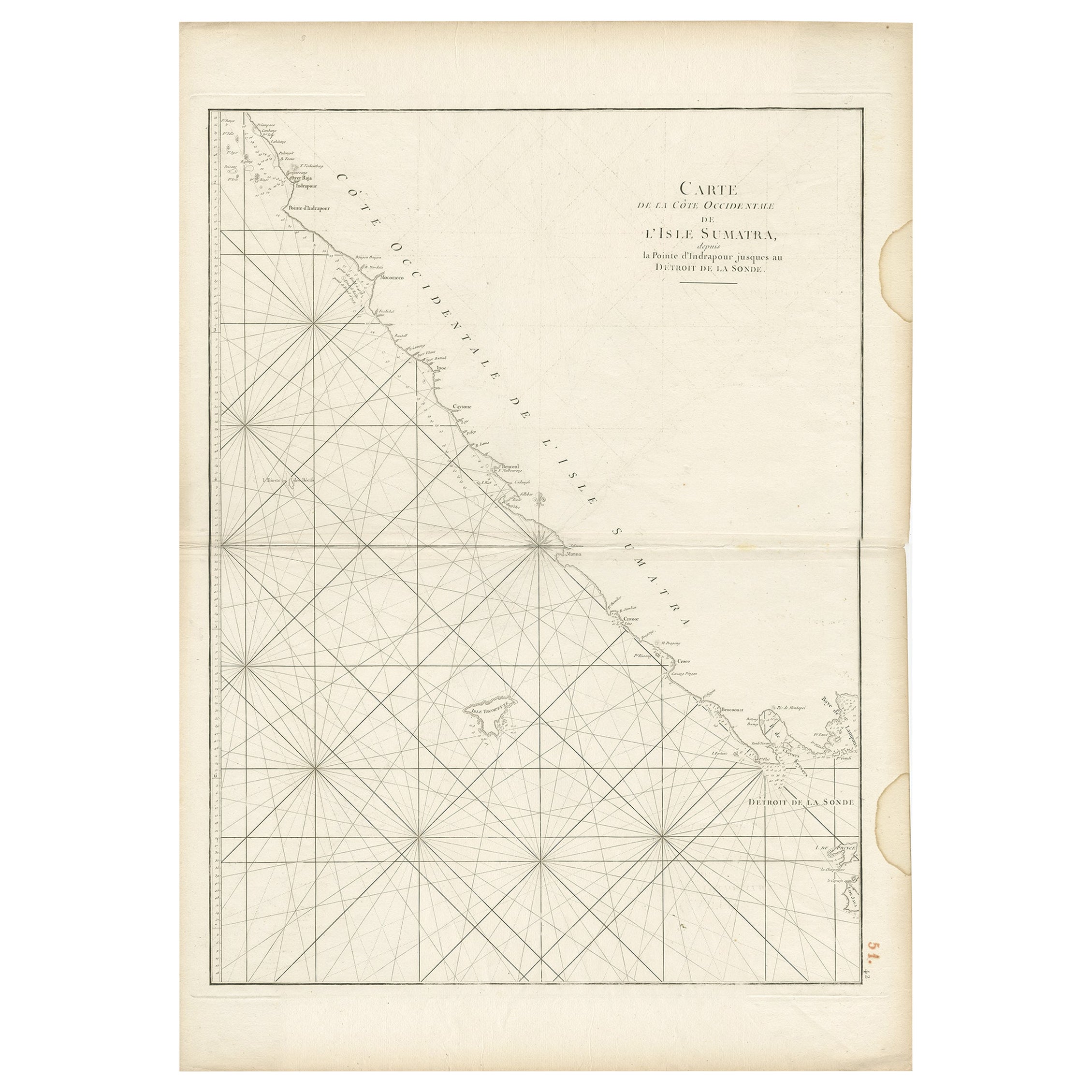 Carta marittima antica della costa di Sumatra, Indonesia, 1775 circa