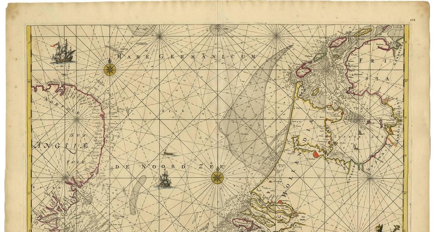Attractive hand-colored sea chart of the North Sea from Frederick de Wit's atlas 'Orbis Maritimus'.