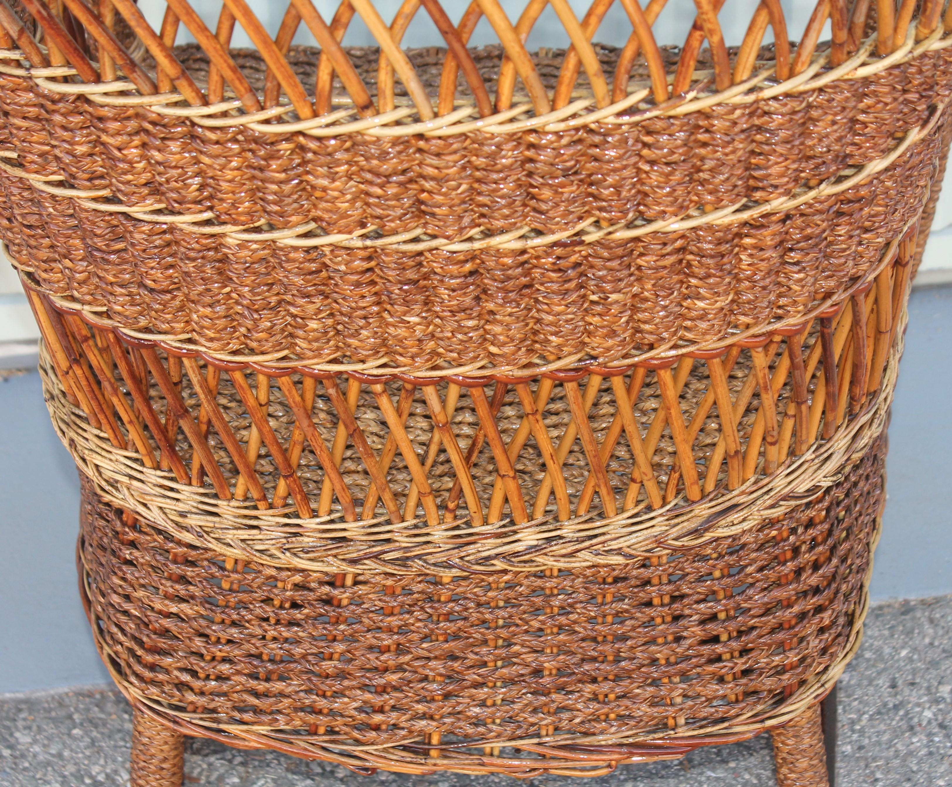 Hand-Crafted Antique Sea Grass and Wicker Rocker with Custom Cushion