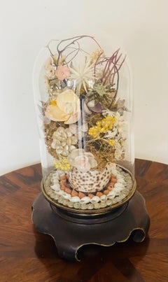 Antique Sea Shell Floral Arrangement with Immortella in Glass Dome