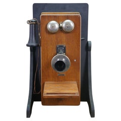 Antique Sears Roebuck & Co Oak Hand Crank Wall Telephone Phone on Stand 24"
