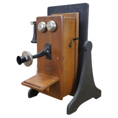 Antique Sears Roebuck & Co Oak Hand Crank Wall Telephone Phone on Stand 24"