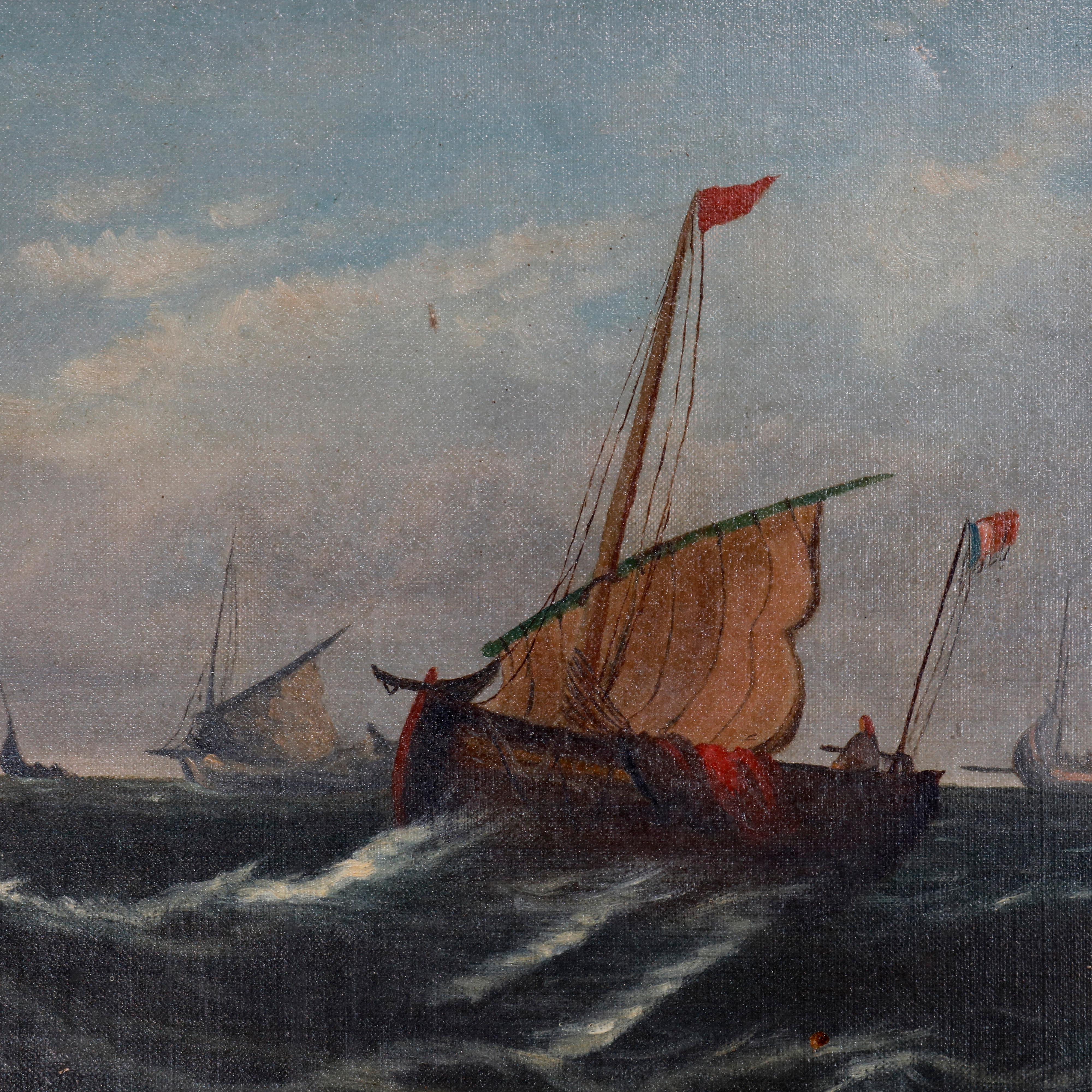 An antique nautical painting offers oil on canvas seascape with sailing boats with figures, seated in giltwood frame, 19th century.

Measures: 16