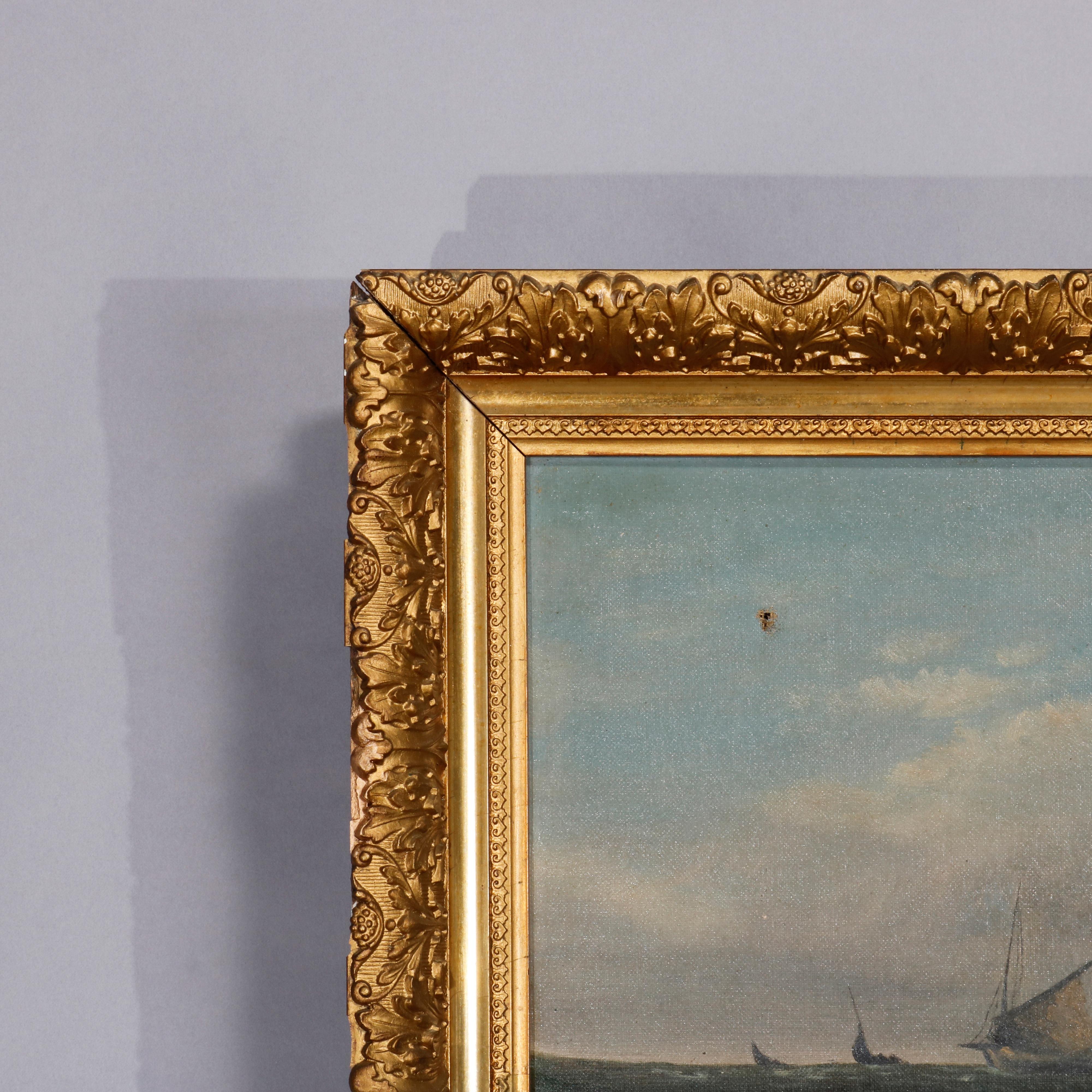 Antique Seascape Oil on Canvas Painting in Giltwood Frame, 19th Century 1