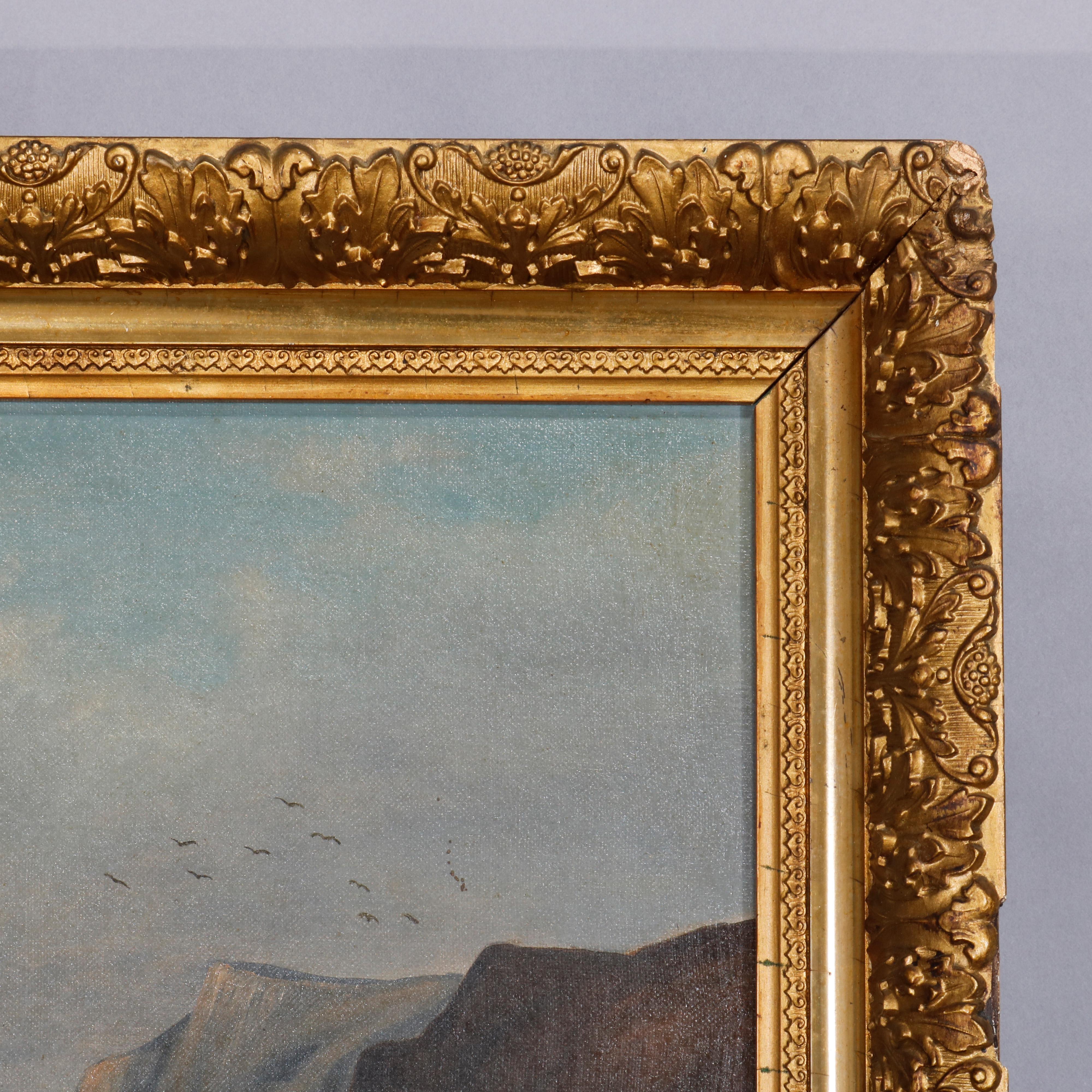 Antique Seascape Oil on Canvas Painting in Giltwood Frame, 19th Century 3