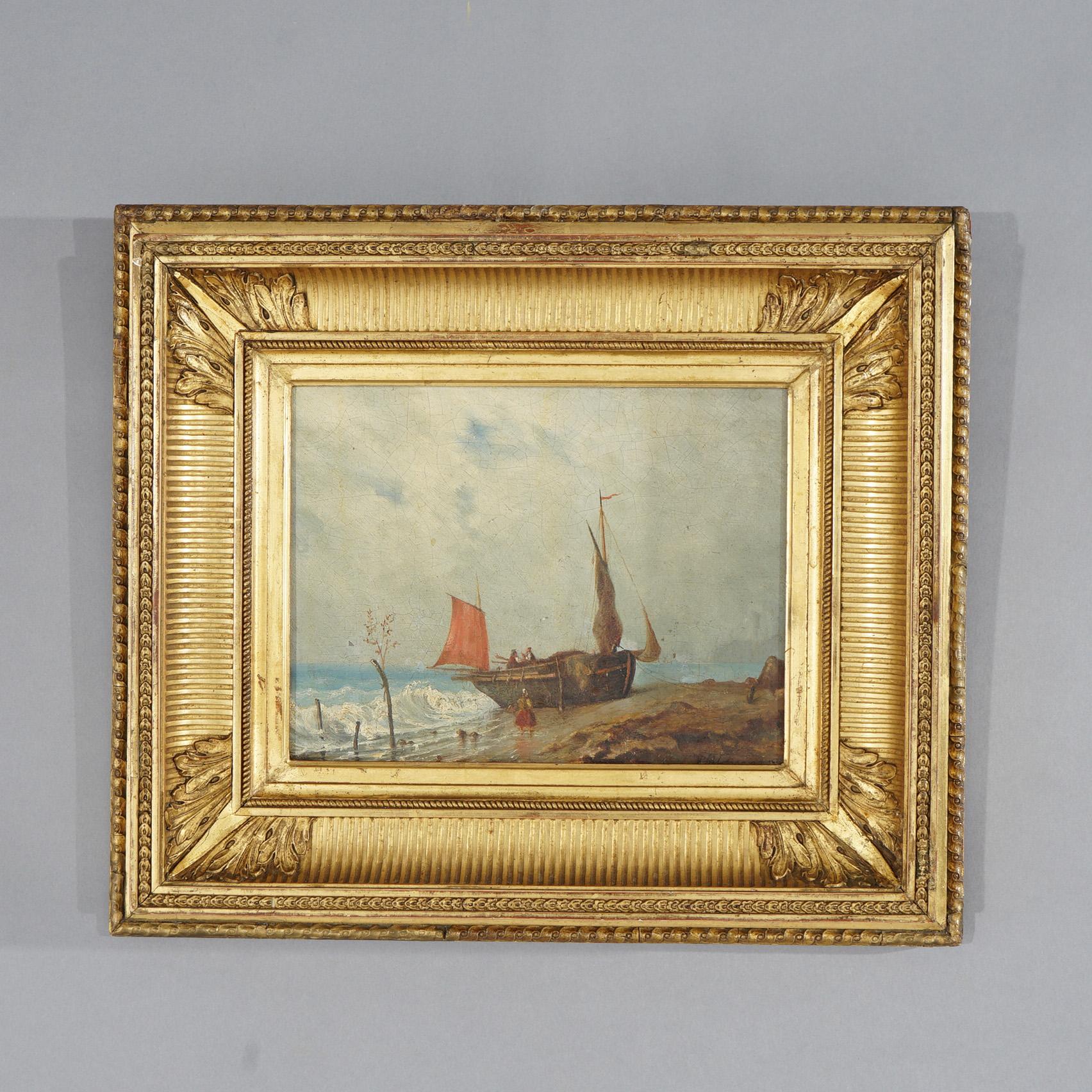 An antique seascape painting by Victor Philippe Philipsen offers oil on board coastal scene with beached ship and figures, artist signed lower right, weared in cove molded giltwood frame, 19th century.

Measures - 13.75