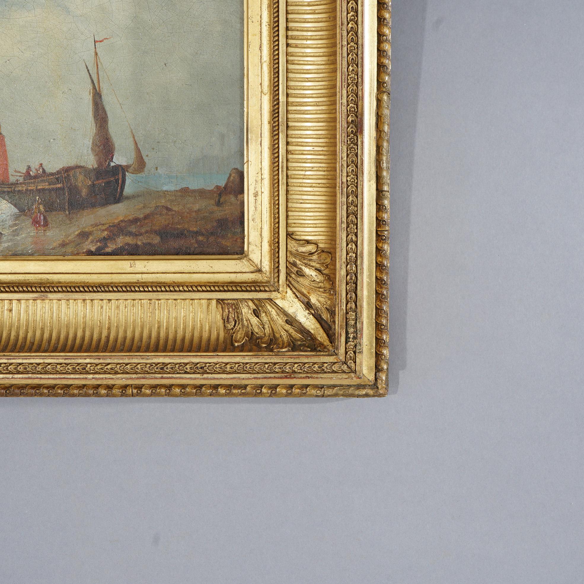Giltwood Antique Seascape Painting by Victor Philippe Phil, 19th C