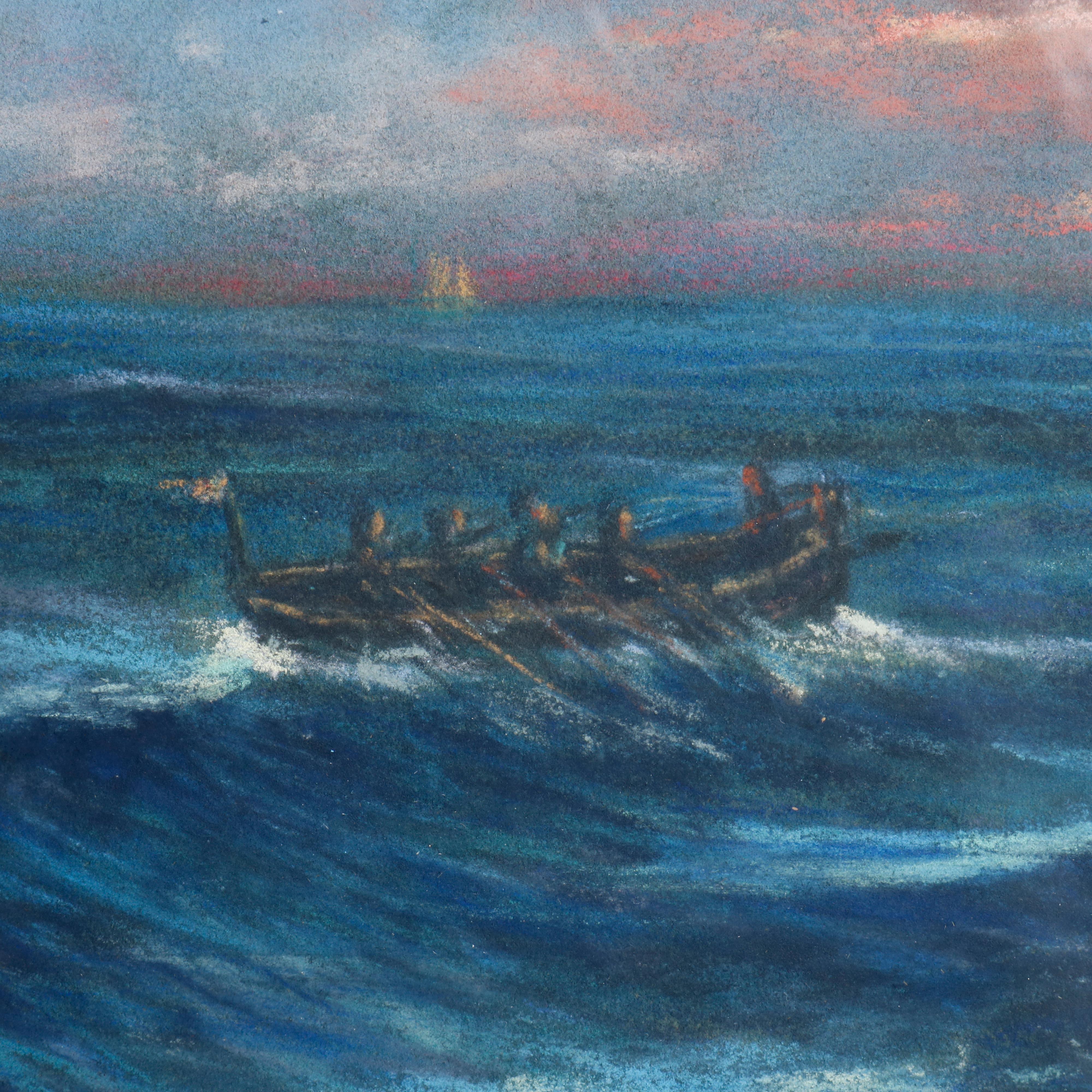 An antique pastel drawing depicts seascape with manned boat under blue sky with clouds, artist signed Vatolla, mated and framed, circa 1920.

Measures- 21