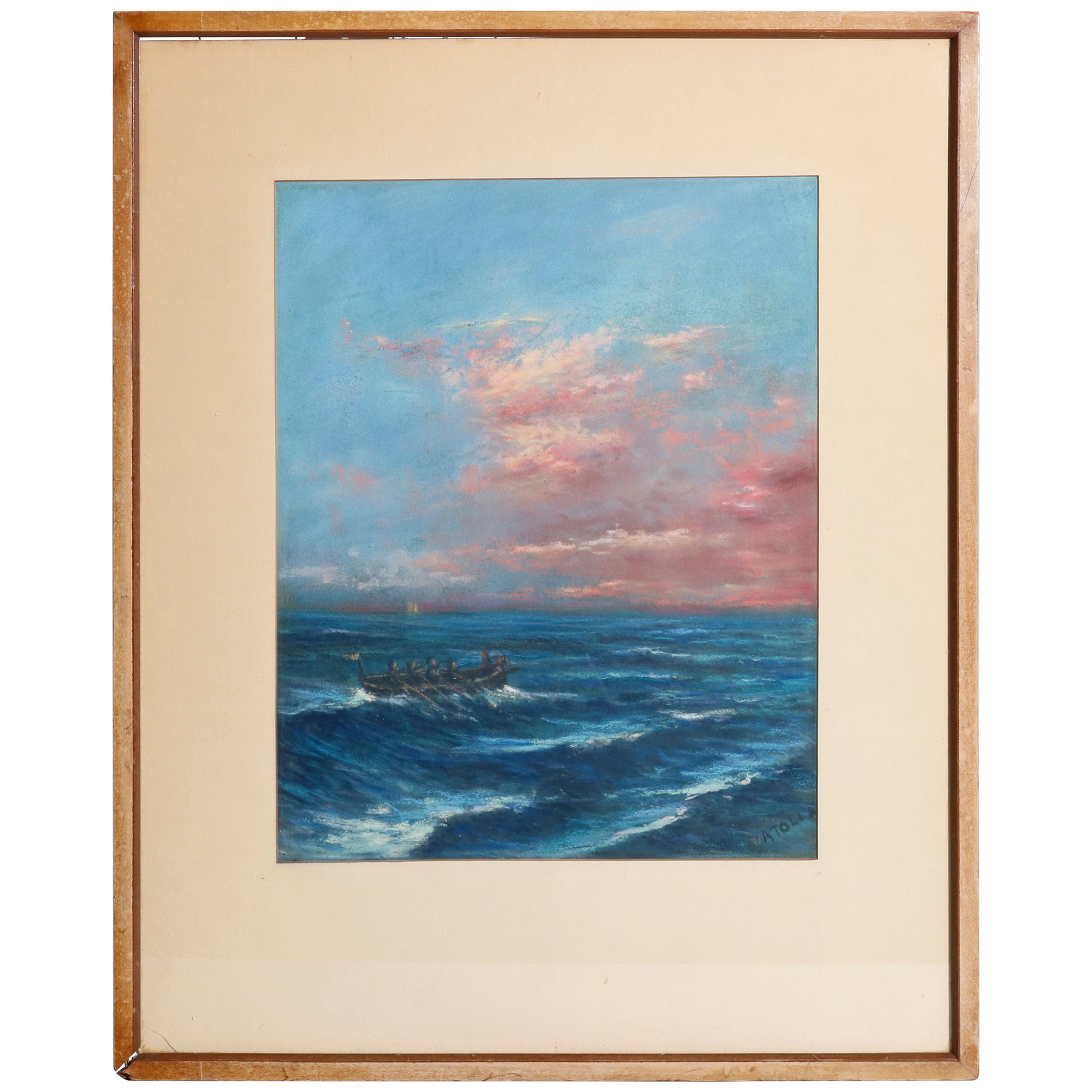 Antique Seascape Pastel Painting on Paper Signed Vatolla, circa 1920