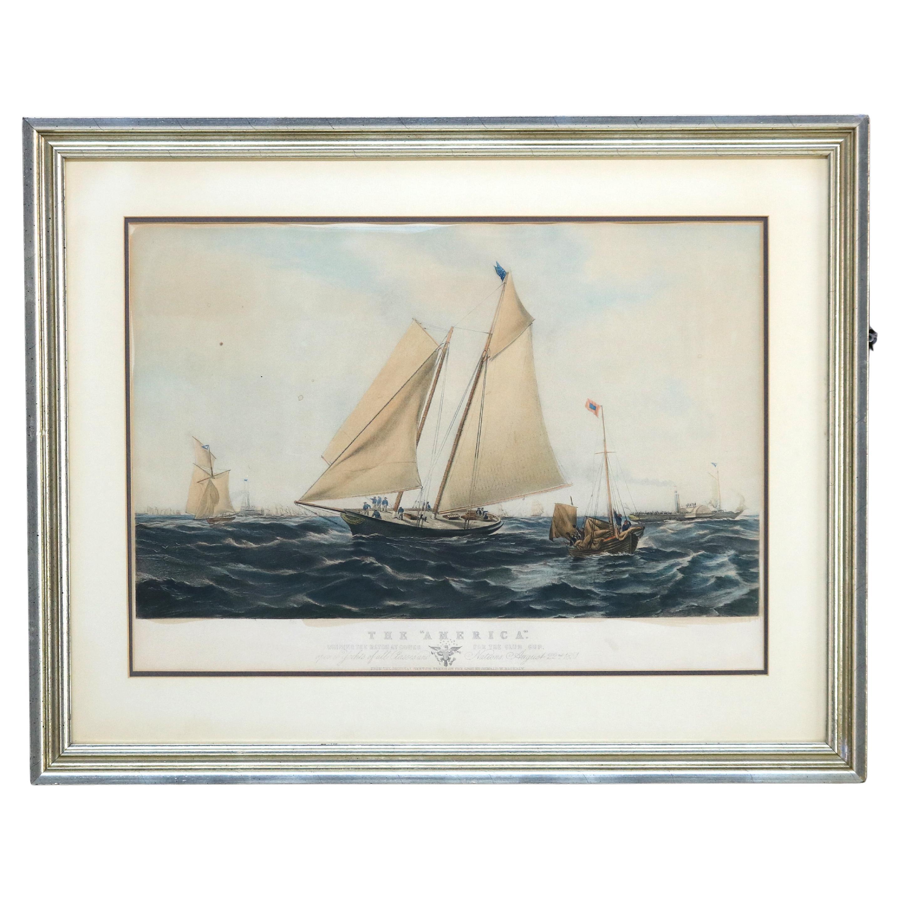 Stampa antica del paesaggio marino di "The America" vincitore della Cowes Club Cup C1851