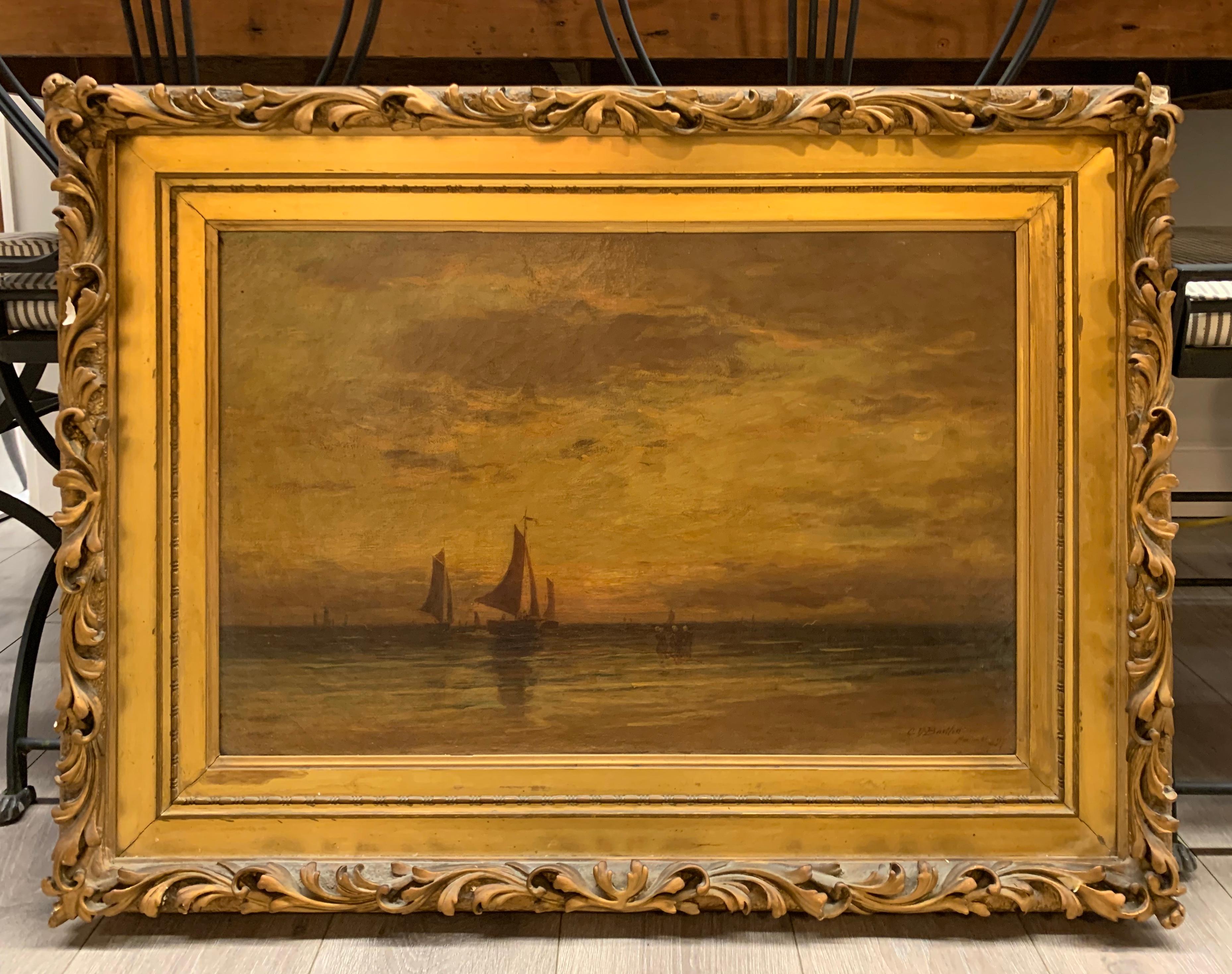 Signed C.D. Bartlutte antique oil on canvas nautical seascape. The work of art is dark and foreboding with ships in the distance. The gilt frame has some chipping and is original. Great turn of the century oil.