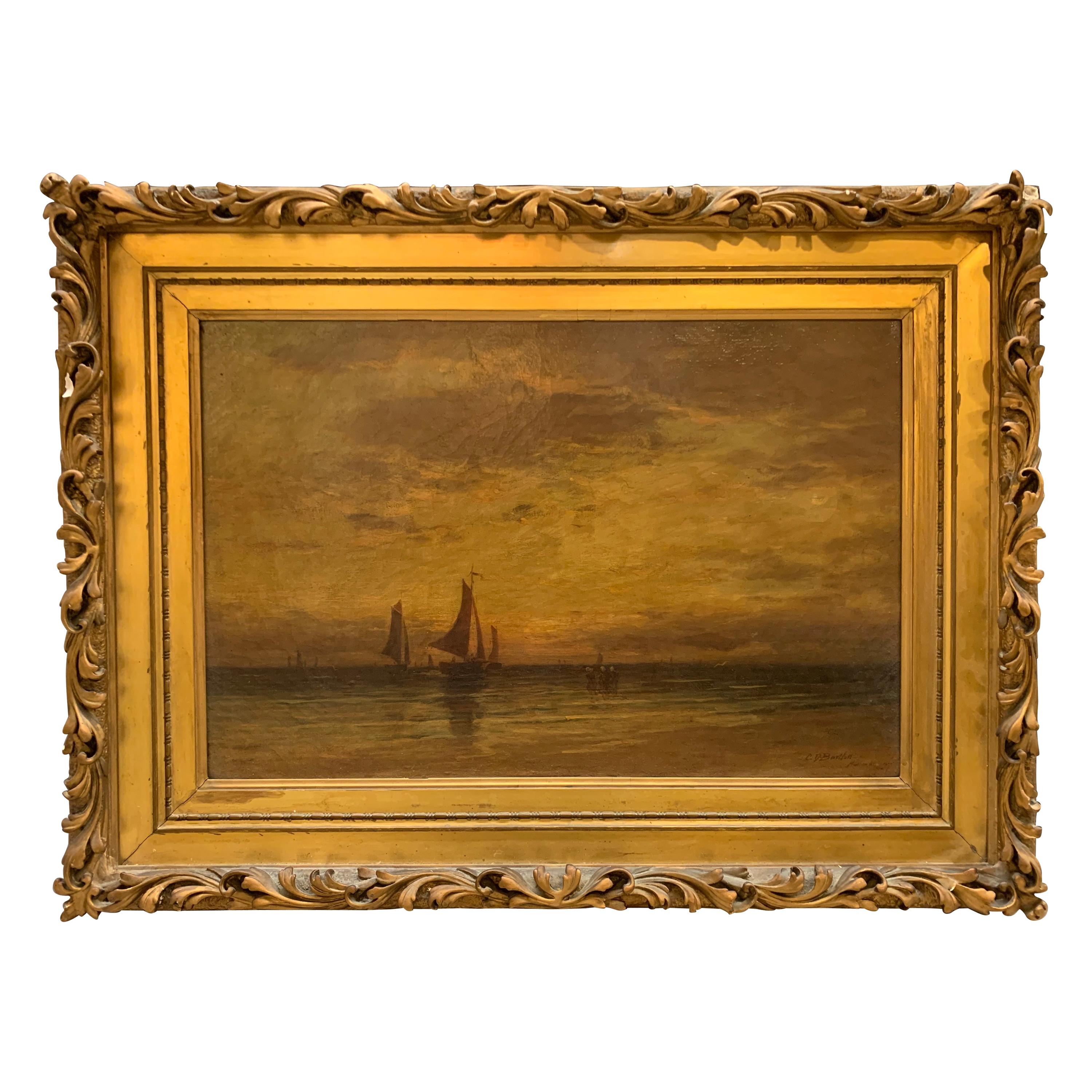 Antique Seascape with Sailboats Oil Painting Signed