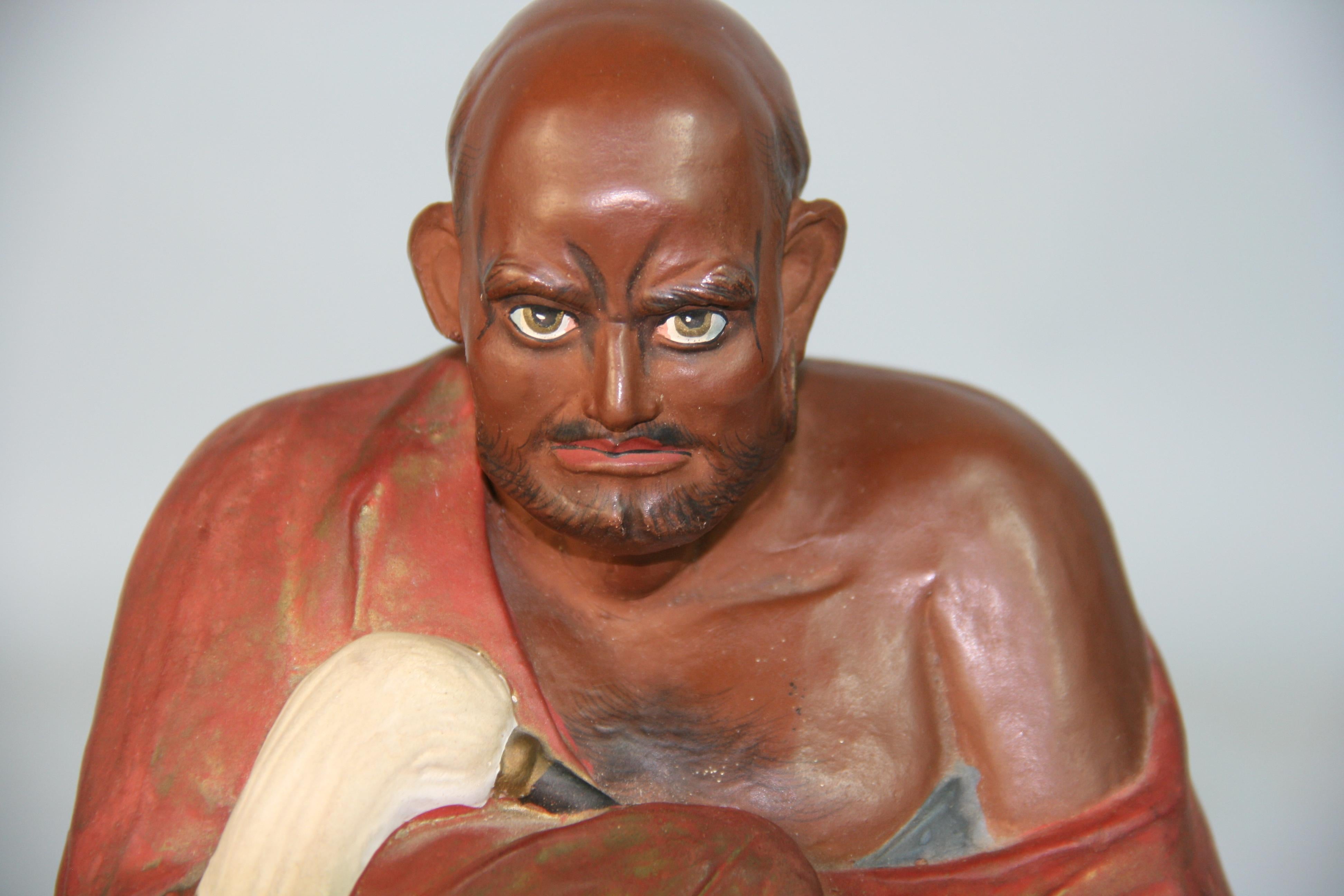 Hand-Crafted Antique Japanese Seated Ceramic Buddhist  Monk  Sculpture For Sale