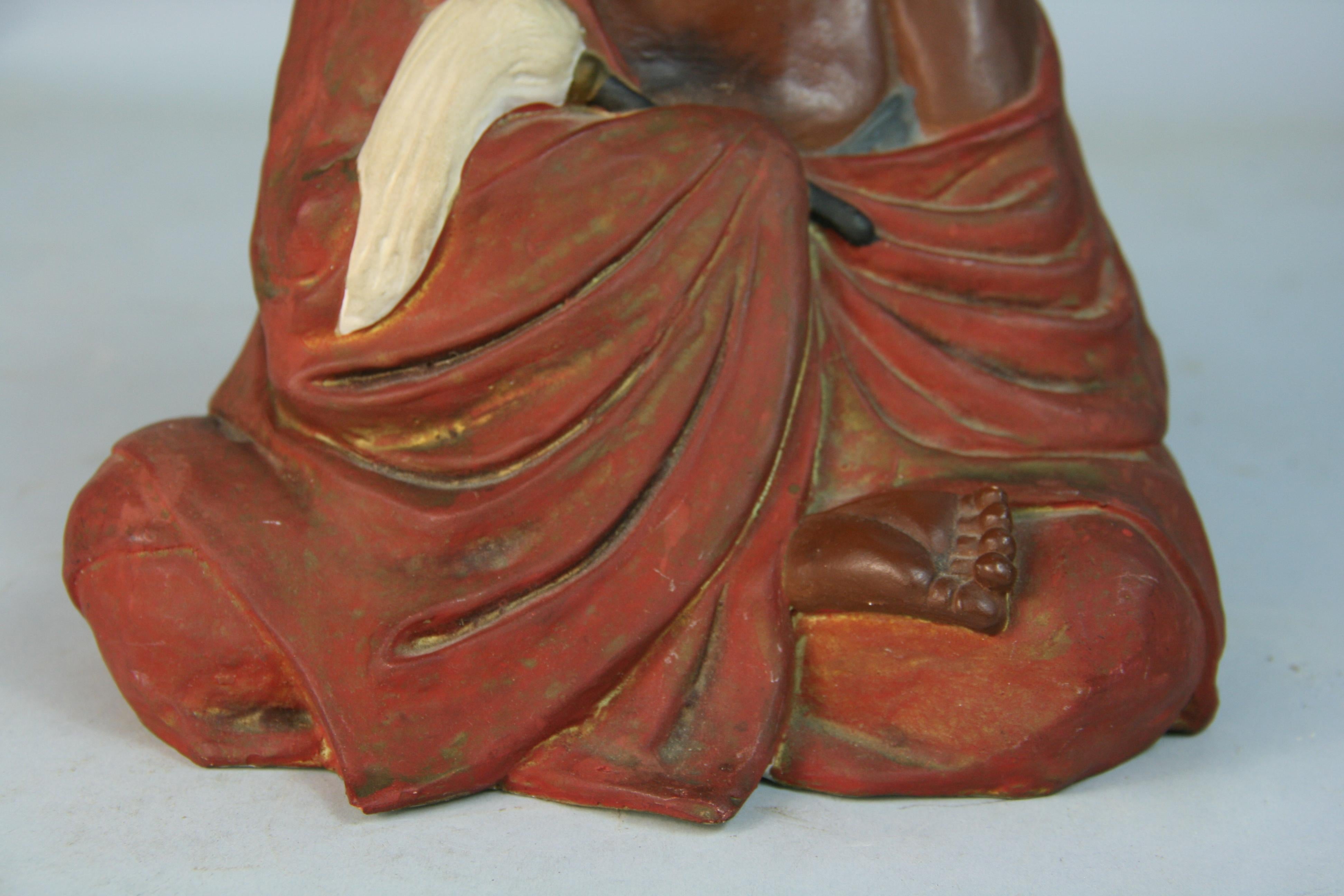 Mid-20th Century Antique Japanese Seated Ceramic Buddhist  Monk  Sculpture For Sale