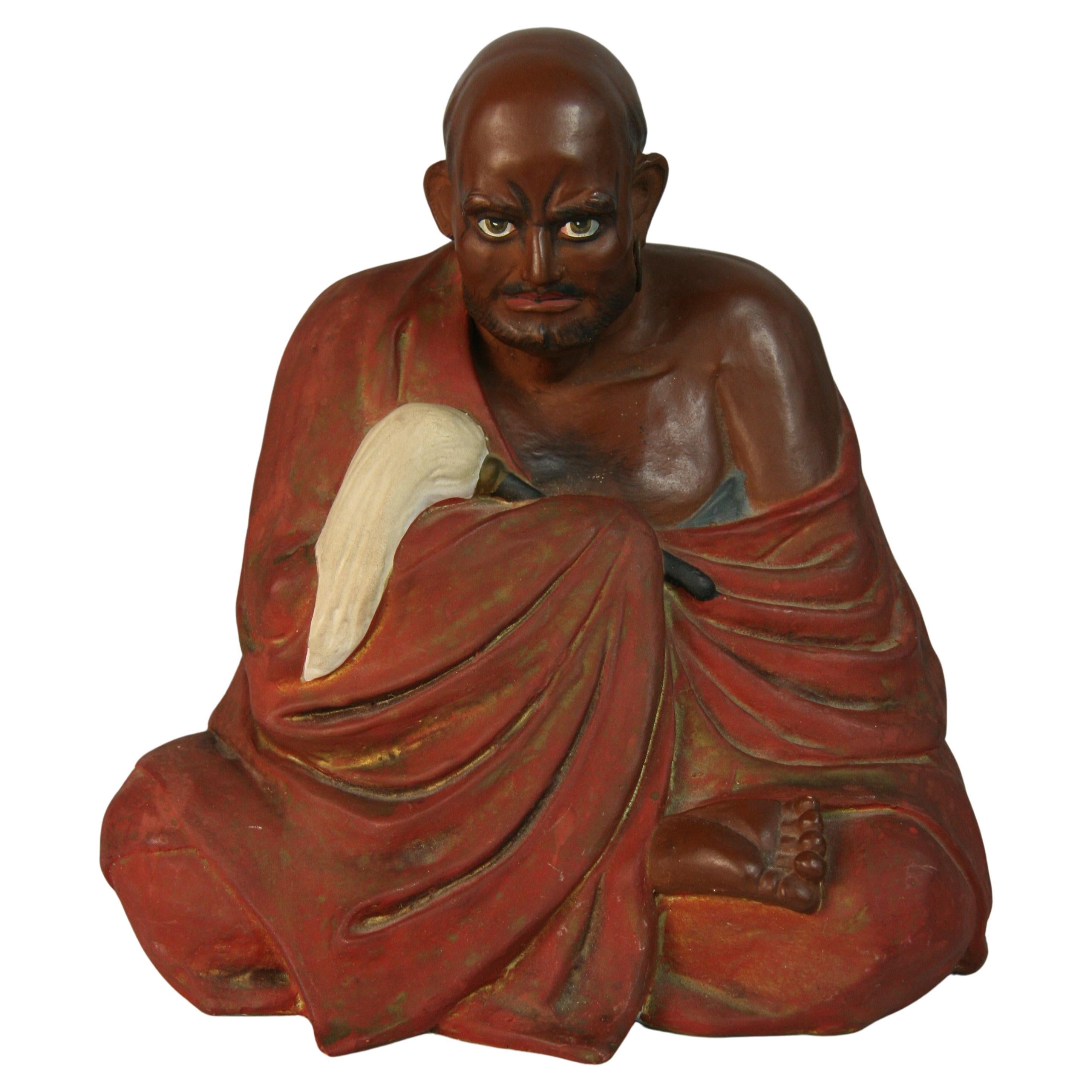 Antique Japanese Seated Ceramic Buddhist  Monk  Sculpture For Sale