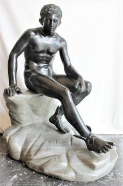 Antique Seated Greek God Hermes Patinated Grand Tour Cast Bronze Sculpture