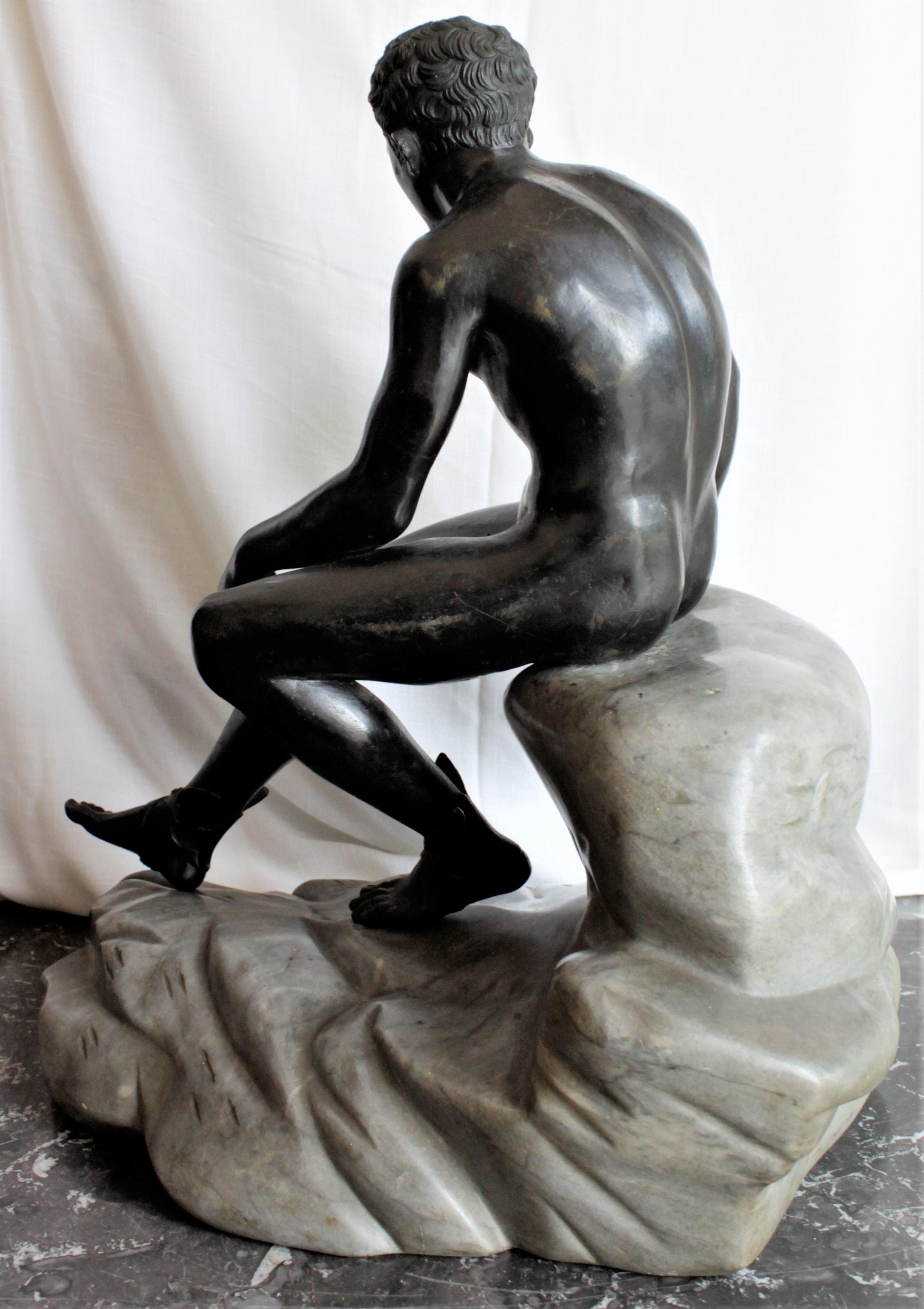 Greek Revival Antique Seated Greek God Hermes Patinated Grand Tour Cast Bronze Sculpture For Sale