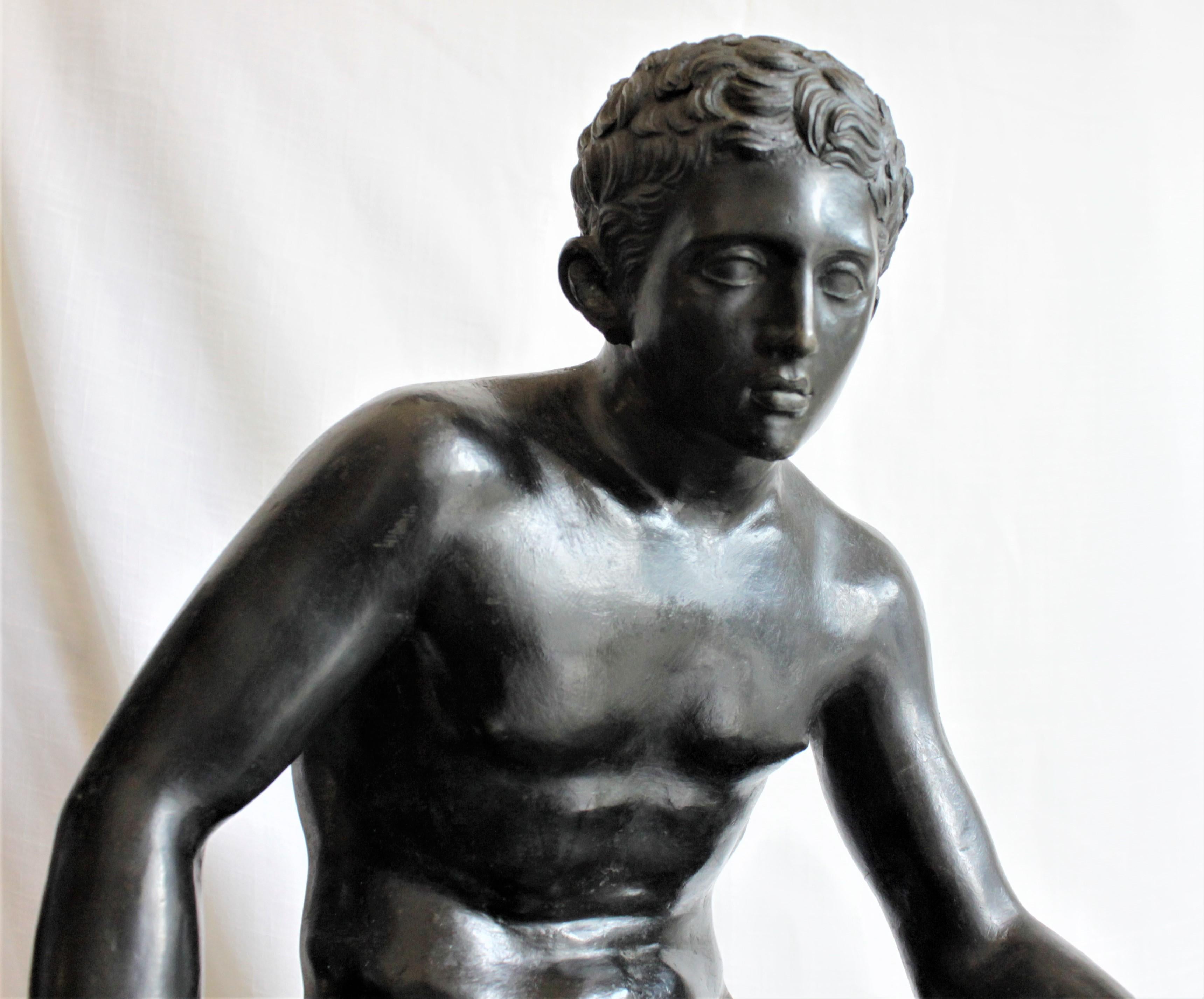 Antique Seated Greek God Hermes Patinated Grand Tour Cast Bronze Sculpture In Good Condition For Sale In Hamilton, Ontario