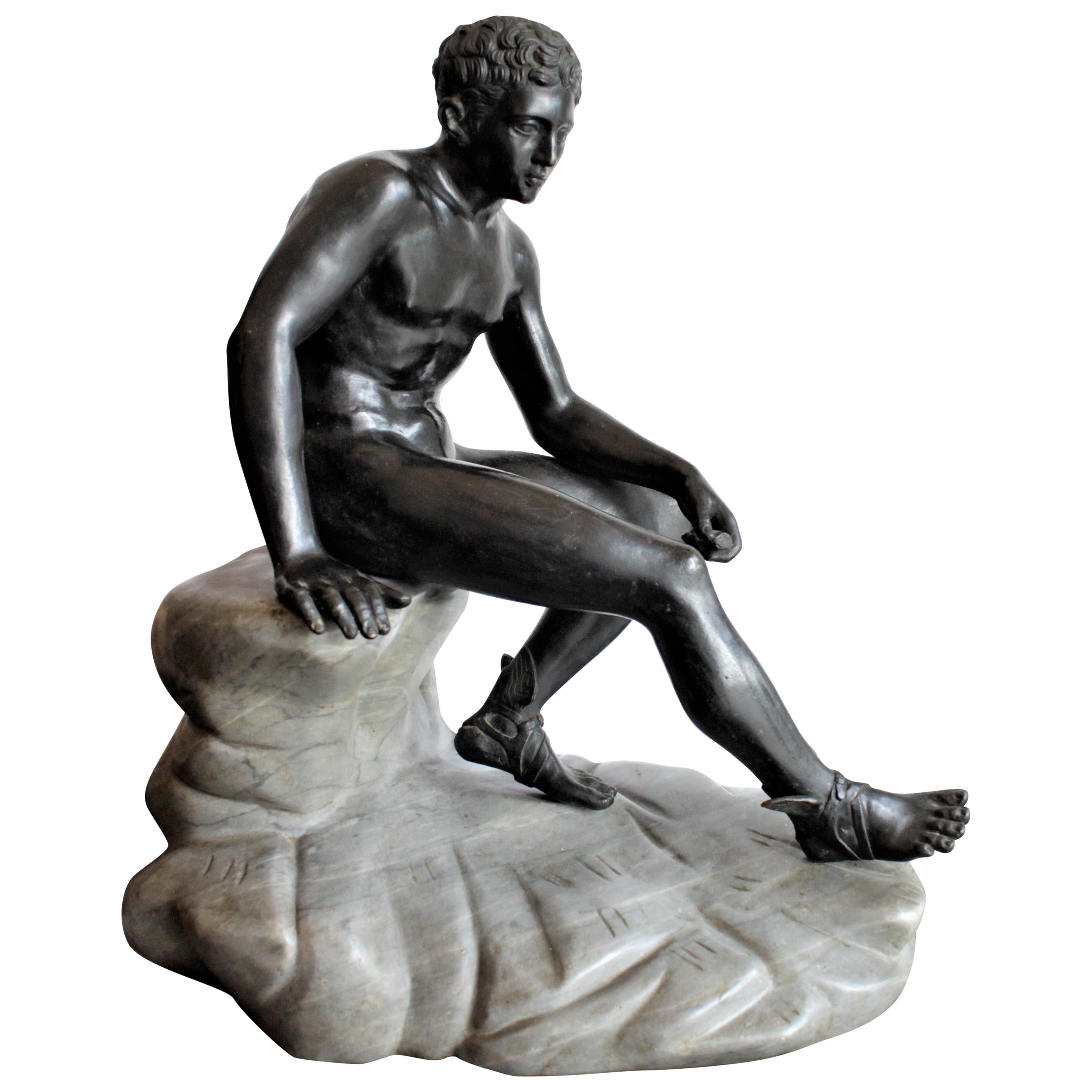 Antique Seated Greek God Hermes Patinated Grand Tour Cast Bronze Sculpture