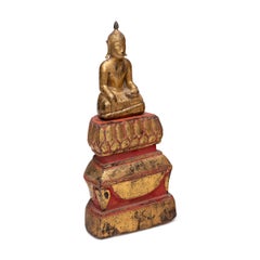 Antique Seated Thai Buddha in Red & Gold, Early 20th Century