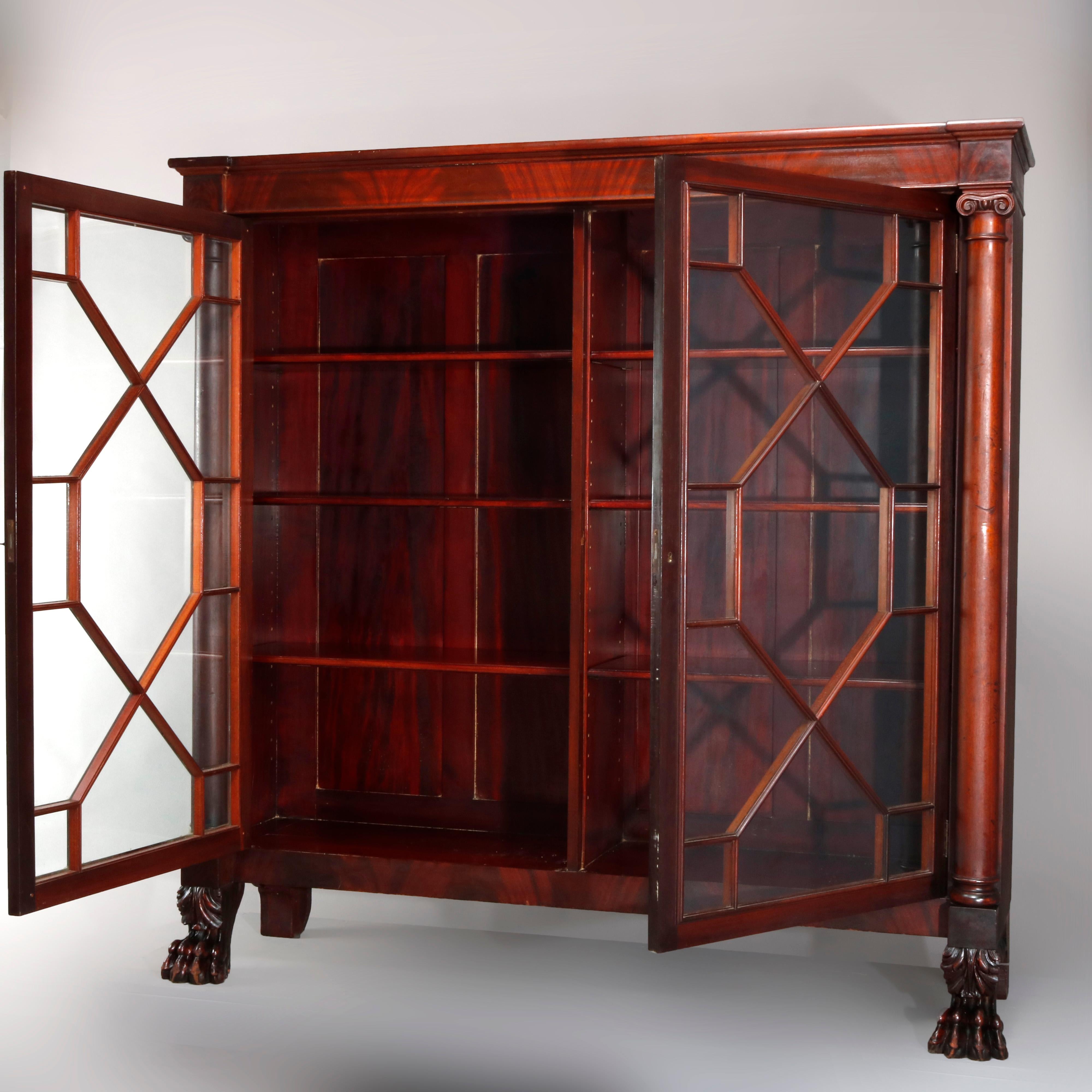 Antique Second American Empire Flame Mahogany Bookcase on Carved Paw