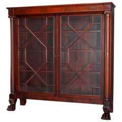 Antique Second American Empire Flame Mahogany Bookcase on Carved Paw Feet