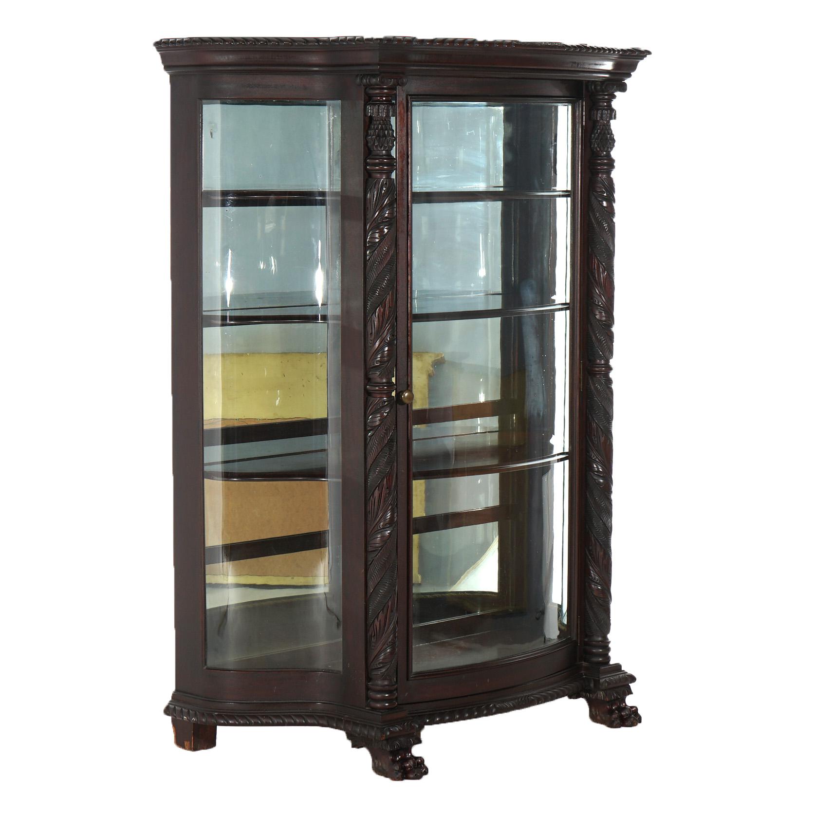***Ask About Reduced In-House Delivery Rates - Reliable Professional Service & Fully Insured***
Antique Second American Empire Carved Mahogany & Mirrored China Cabinet with Curved Glass, Gadroon, Foliate, Stylized Pineapple and Corinthian Column