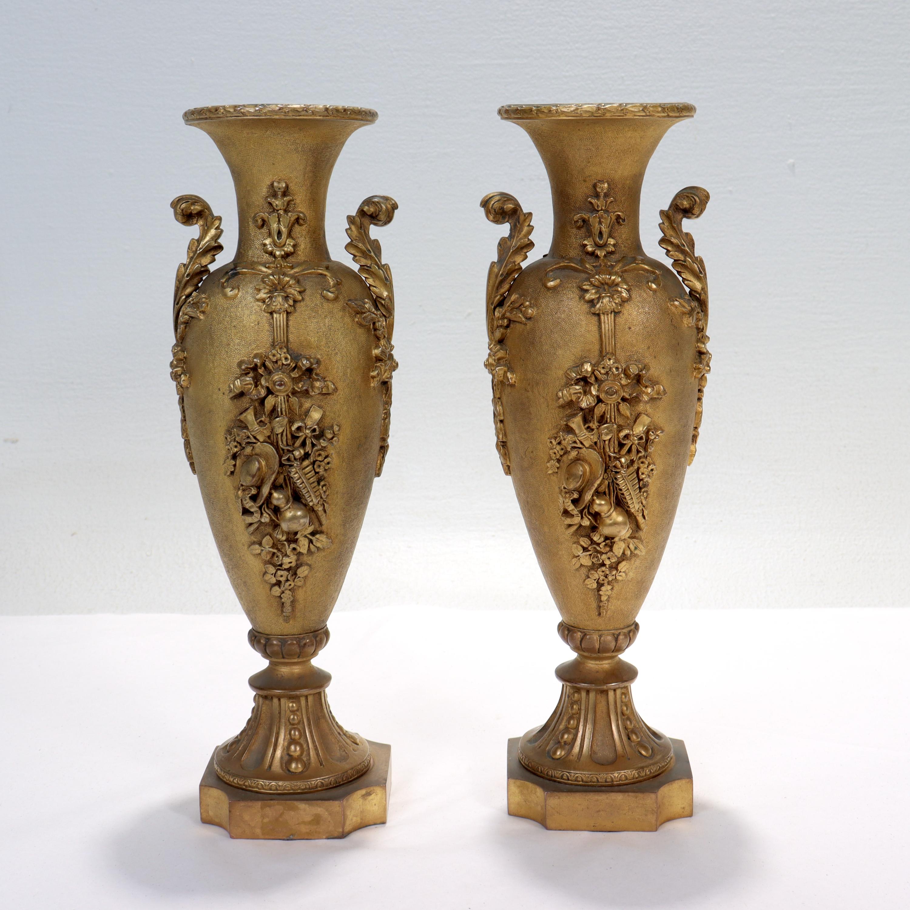 Antique Second Empire French Doré Gilt Bronze Vases or Urns In Good Condition For Sale In Philadelphia, PA