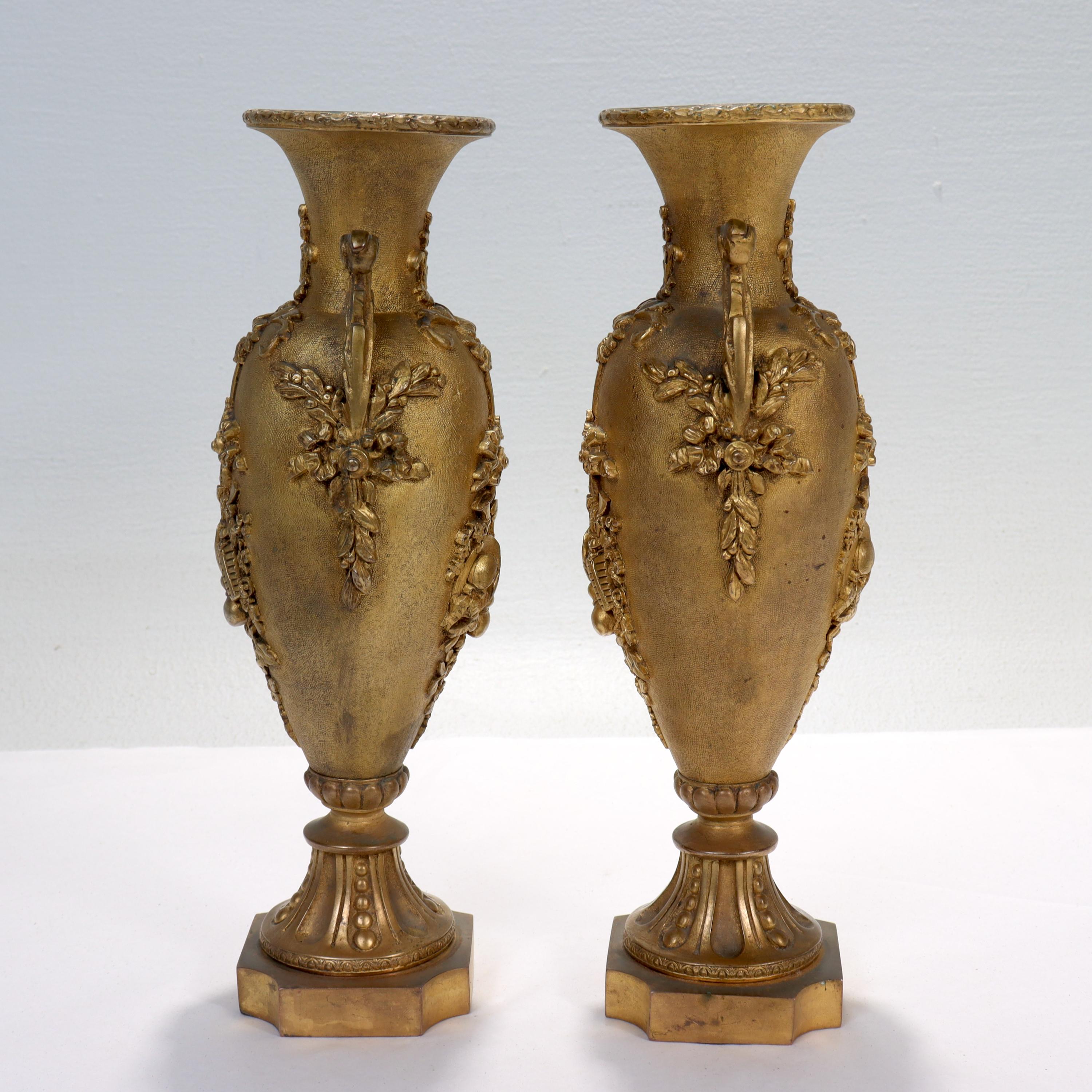 19th Century Antique Second Empire French Doré Gilt Bronze Vases or Urns For Sale
