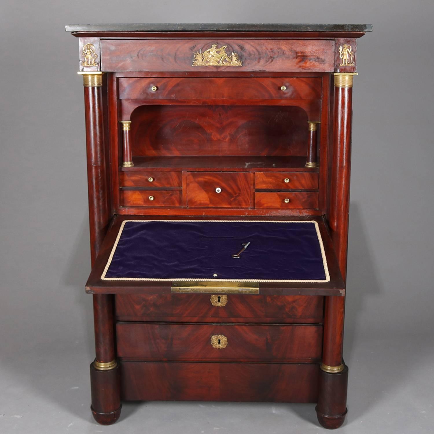 19th Century Antique Second Empire French Marble-Top Flame Mahogany and Ormolu Abattant