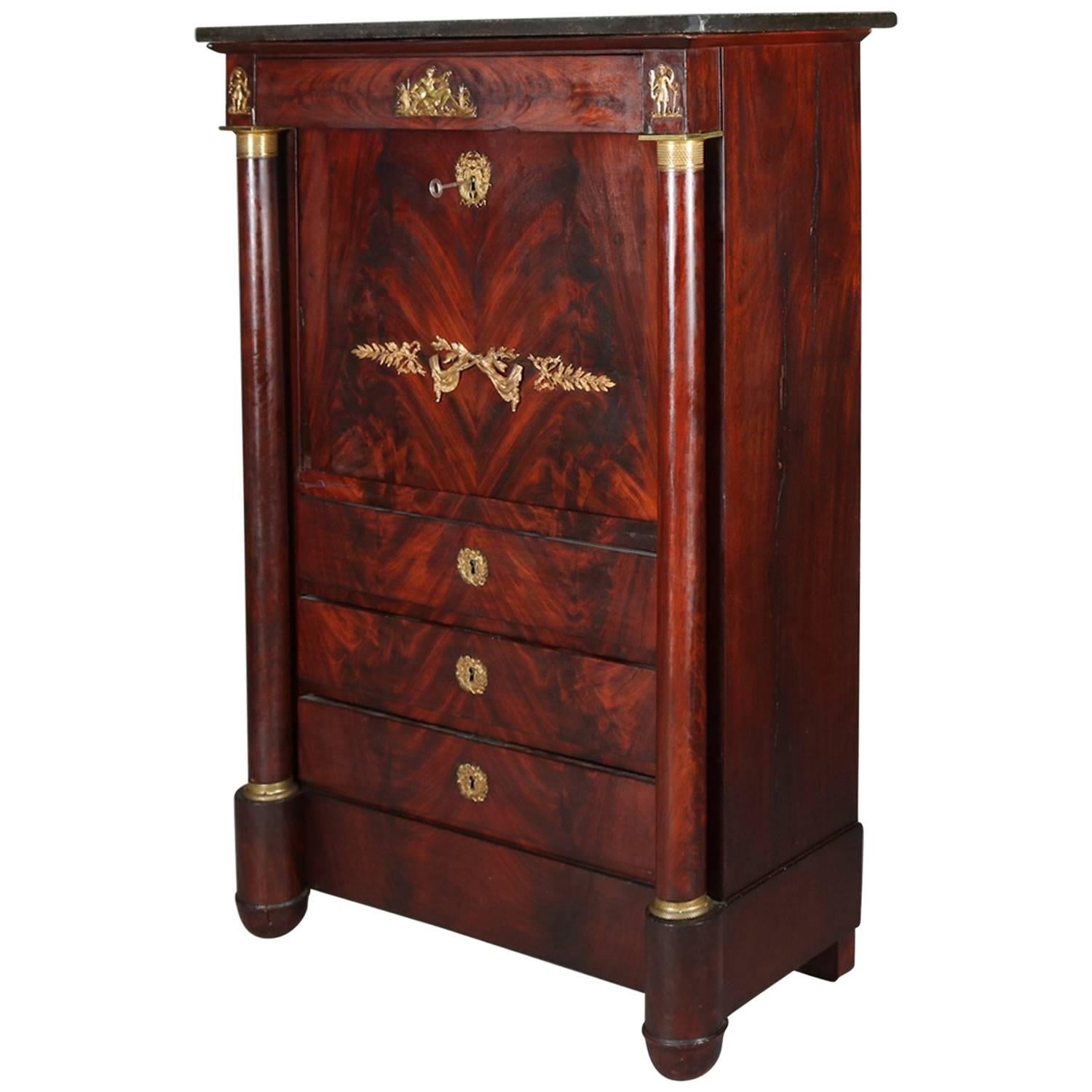 Antique Second Empire French Marble-Top Flame Mahogany and Ormolu Abattant