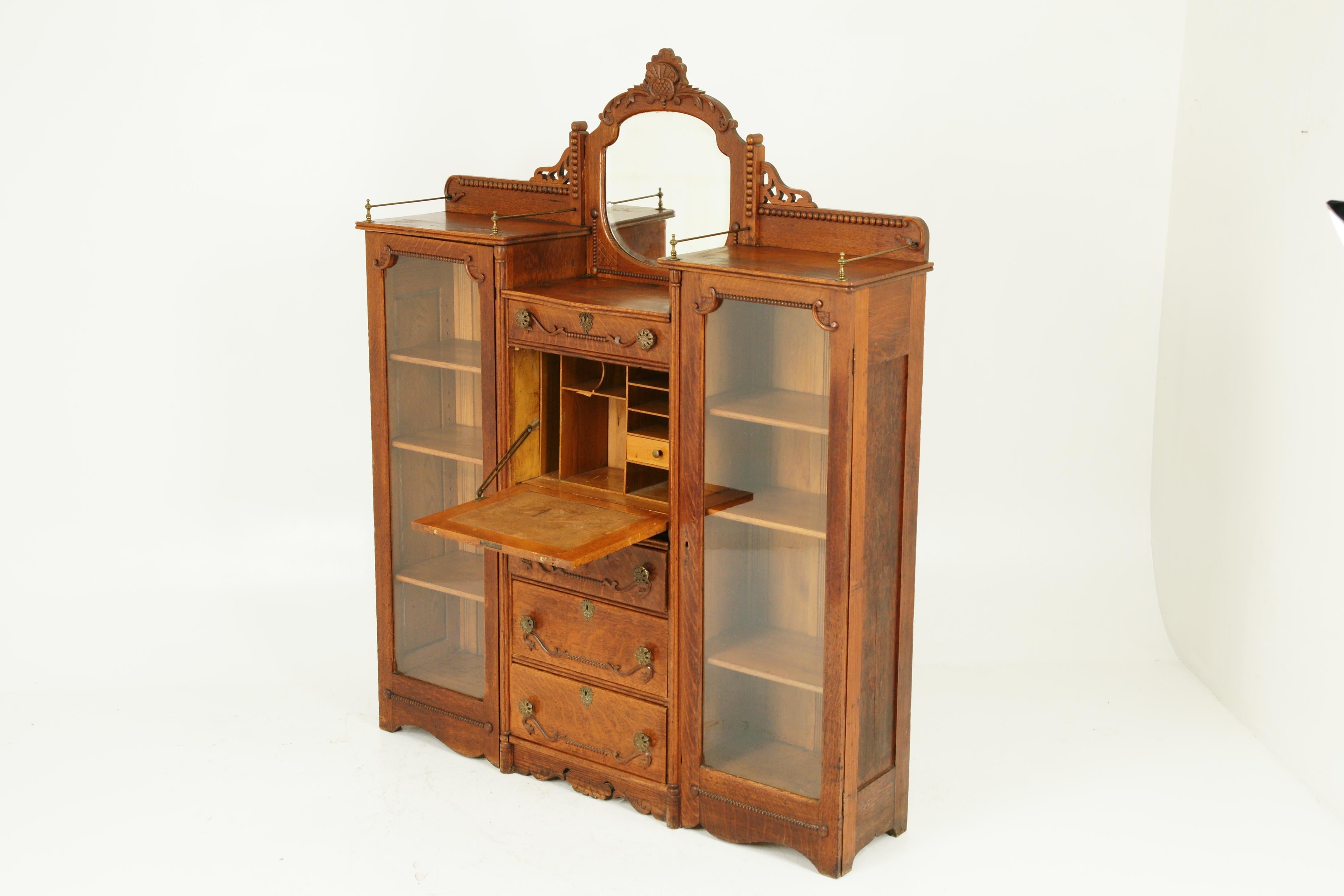 Antique Secretary Bookcase, Oak, Side by Side Desk, America 1910, B1603 10