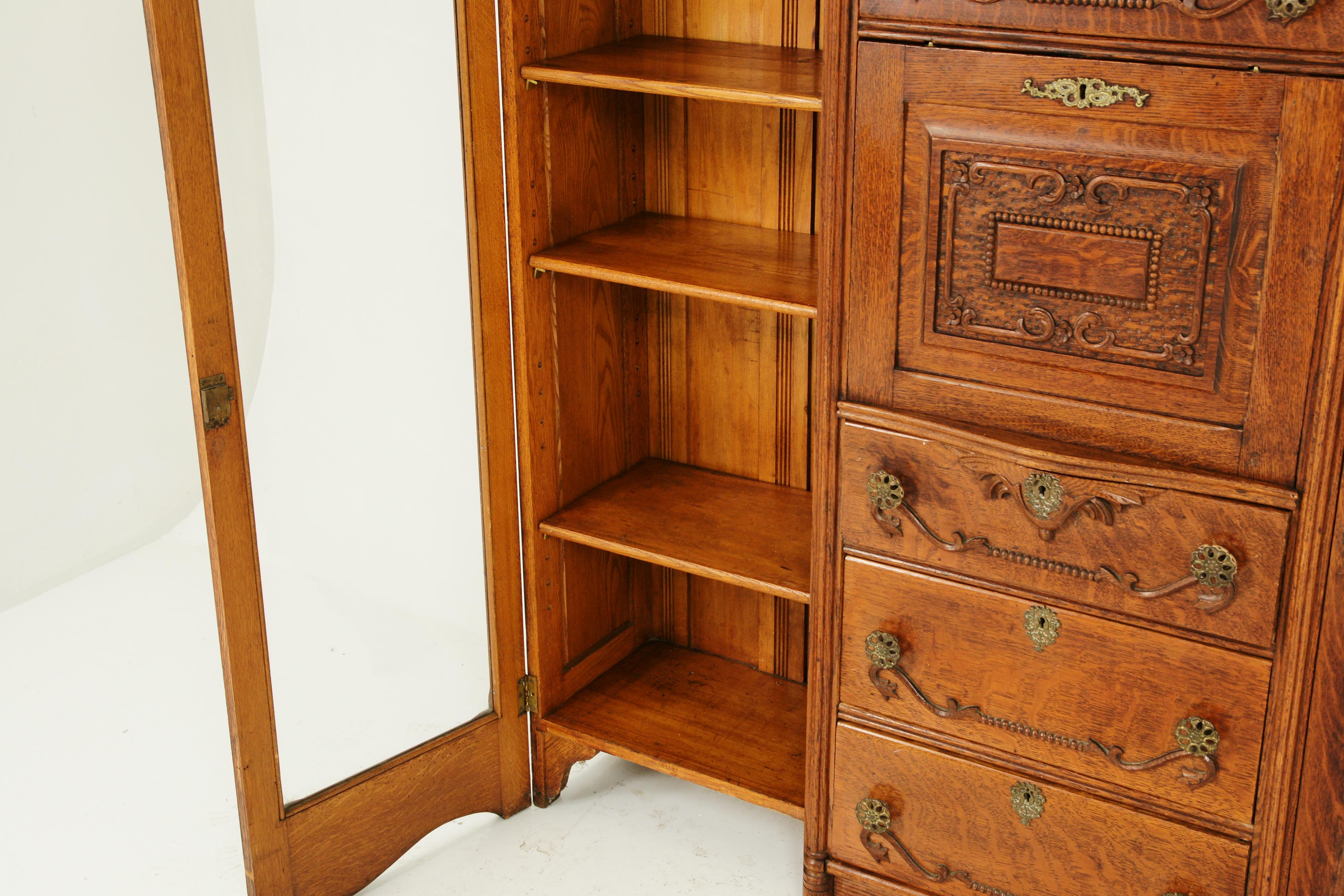 American Antique Secretary Bookcase, Oak, Side by Side Desk, America 1910, B1603