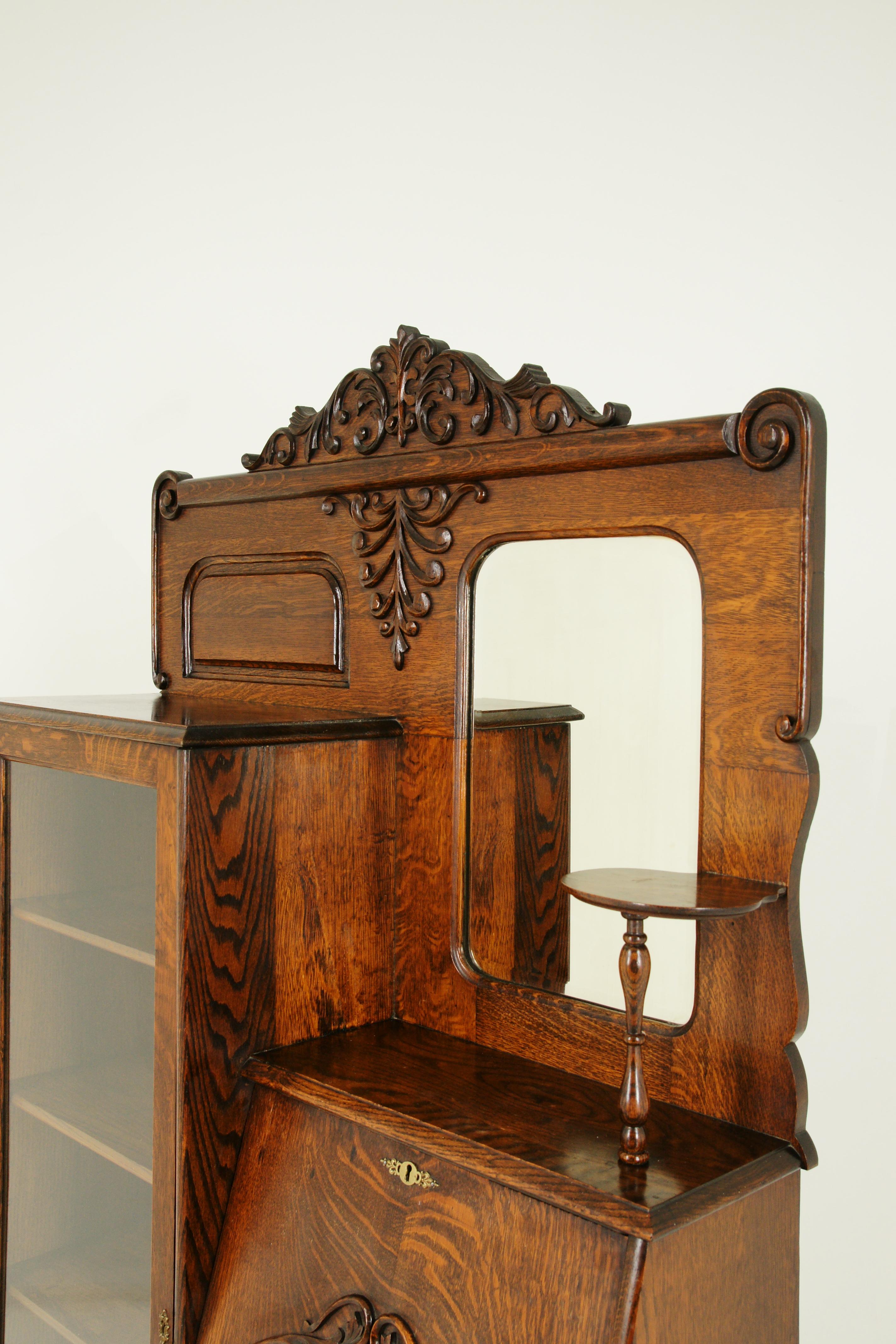 Hand-Crafted Antique Secretary Desk, Antique Bookcase, Side by Side, Oak, Canada 1900