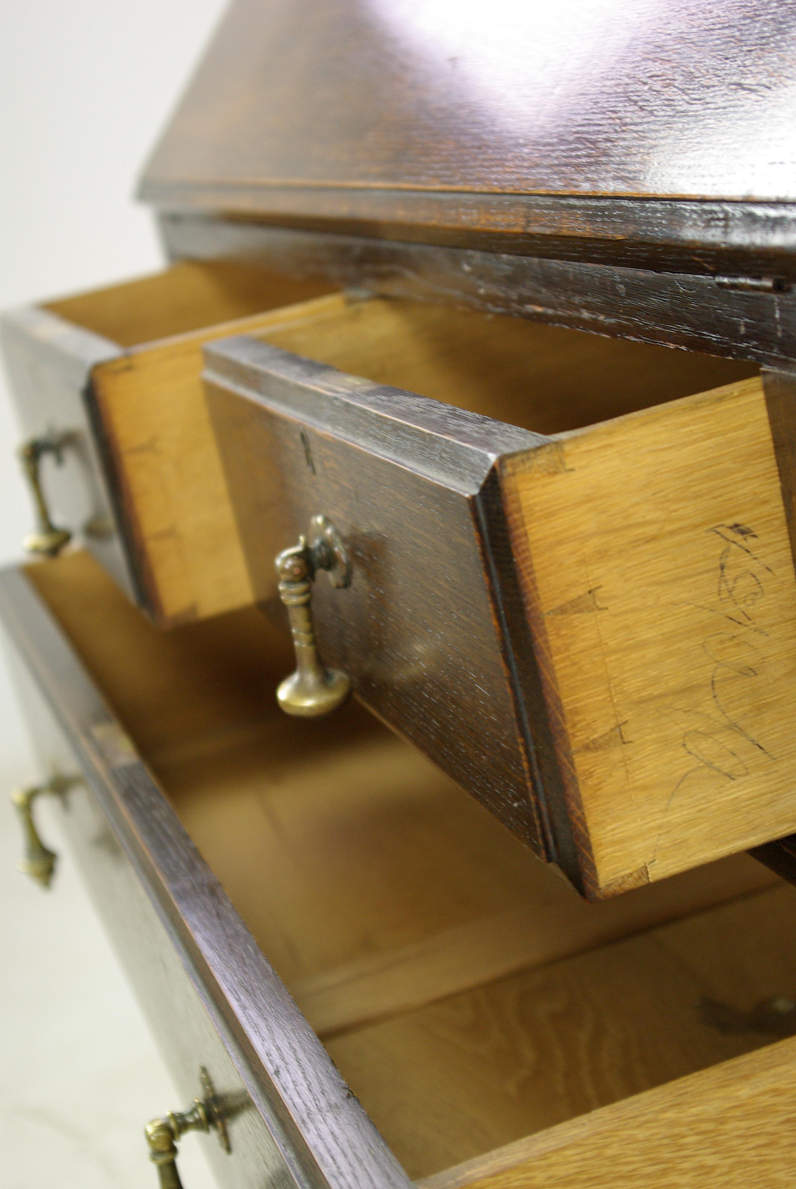 Antique Secretary Desk, Fall Front Desk, Oak Bookcase, Scotland, 1920 3