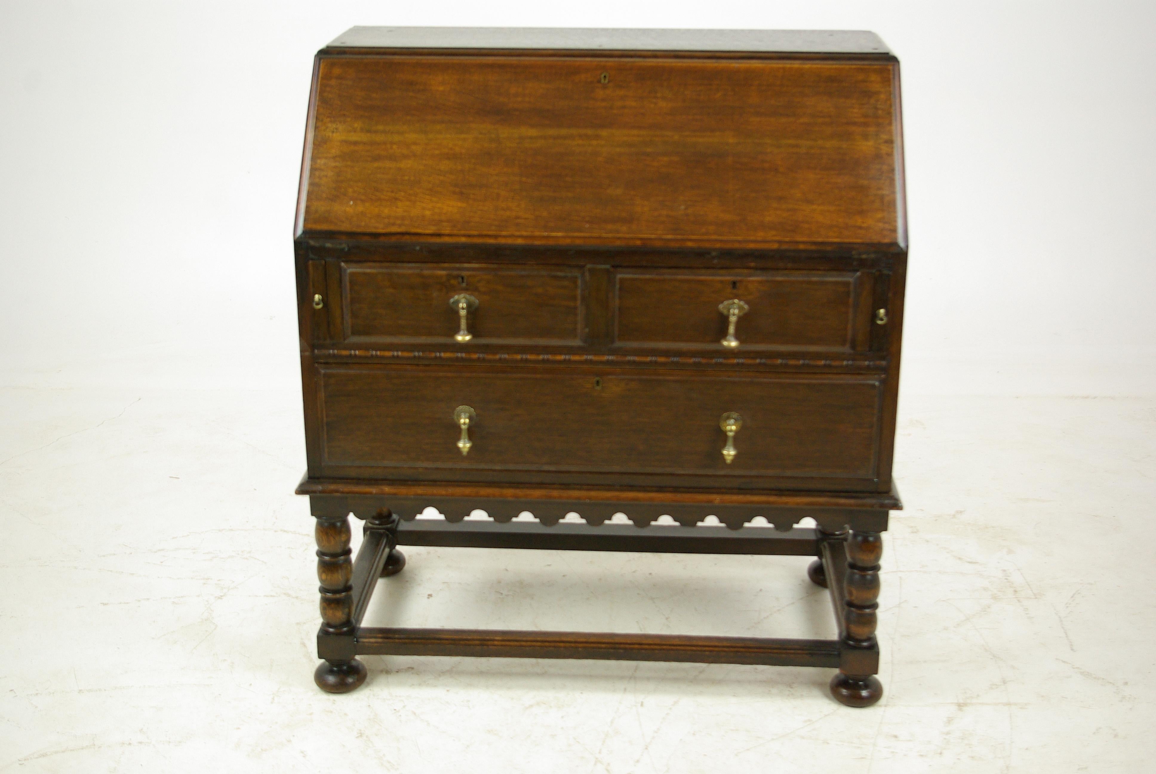 Antique Secretary Desk, Fall Front Desk, Oak Bookcase, Scotland, 1920 8