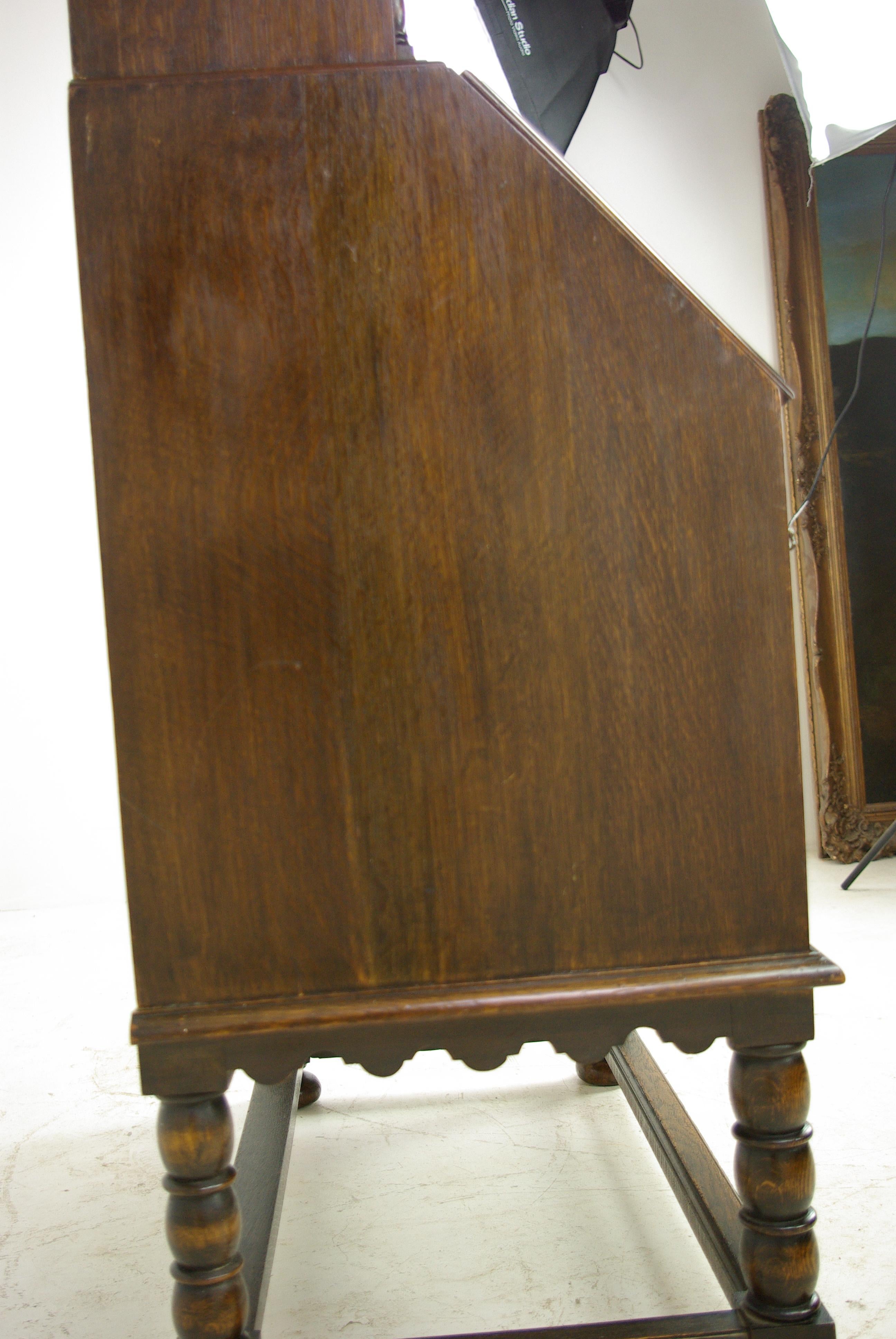 Antique Secretary Desk, Fall Front Desk, Oak Bookcase, Scotland, 1920 9