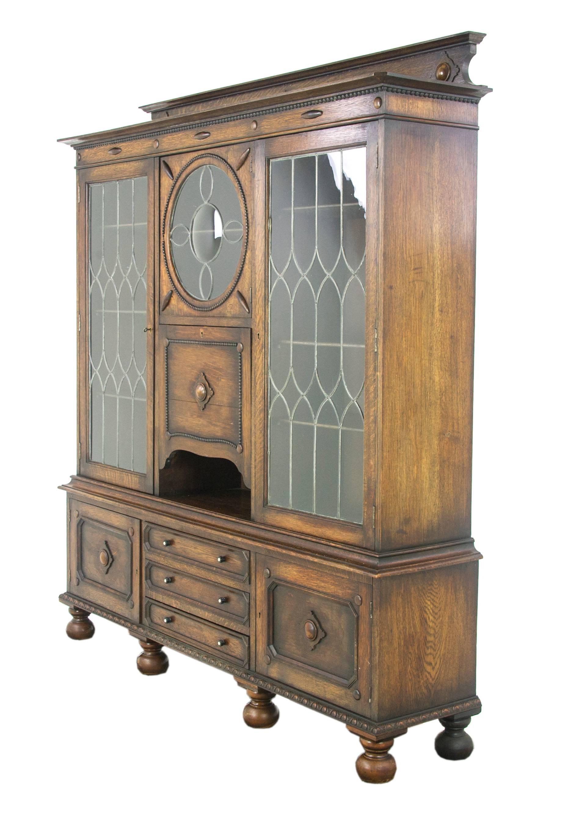 Victorian Antique Secretary Desk, Oak Bookcase, Scotland, 1910, Antique Furniture